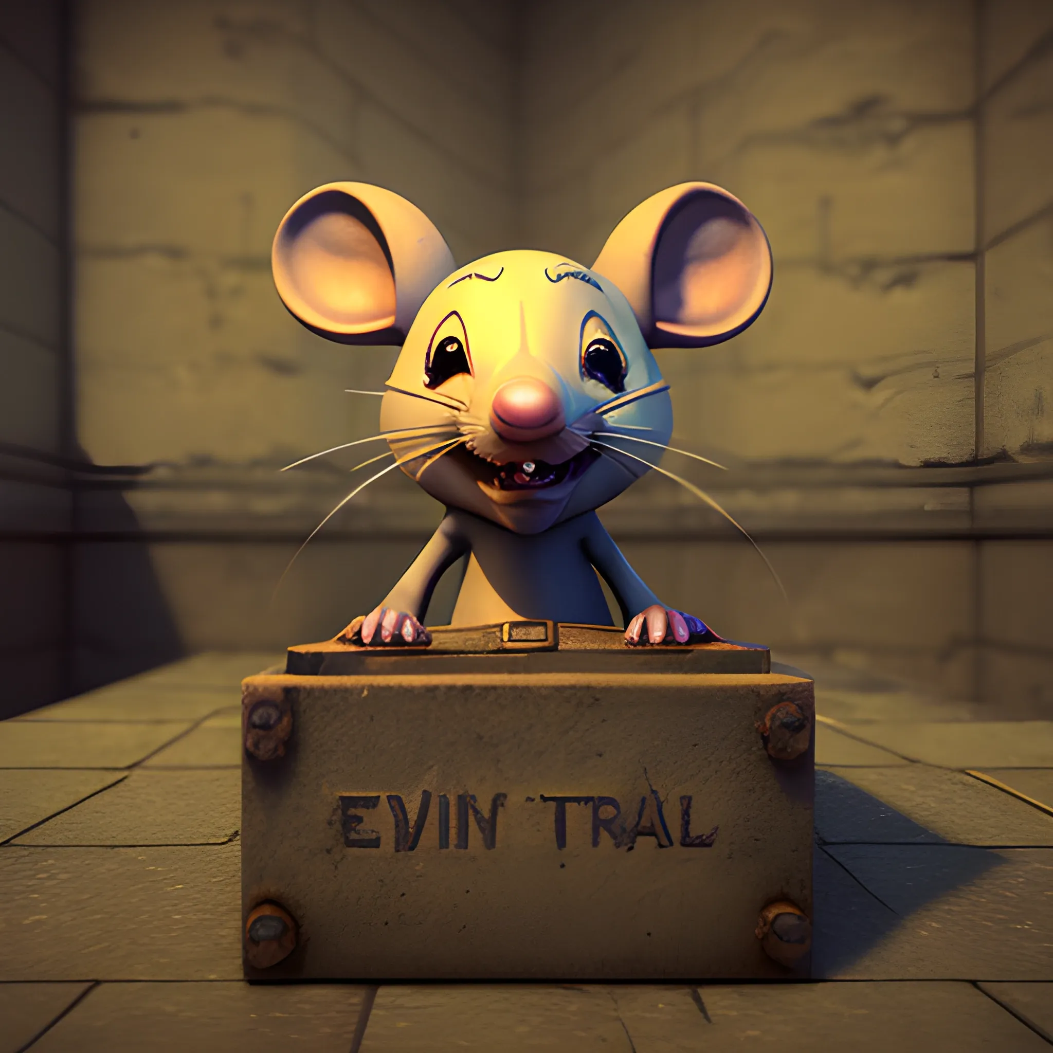 Evil mouse sit on a bank in prison, 3D, Trippy, Oil Paintin, 3 d rendering. unreal engine. amazing likeness. very detailed. cartoon caricature.