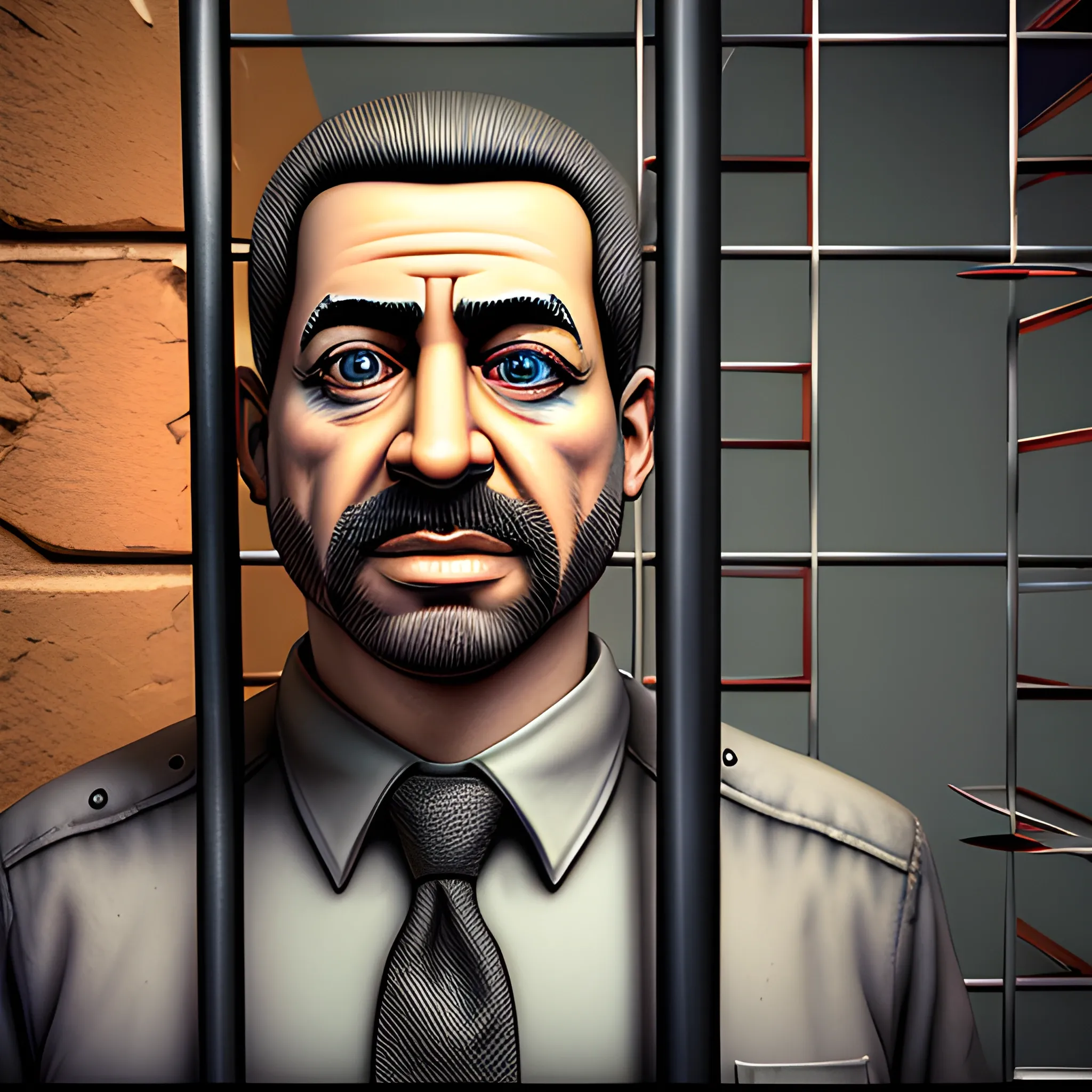 grabbing the prison bars, 3D, Trippy, Oil Paintin, 3 d rendering. unreal engine. amazing likeness. very detailed. cartoon caricature.