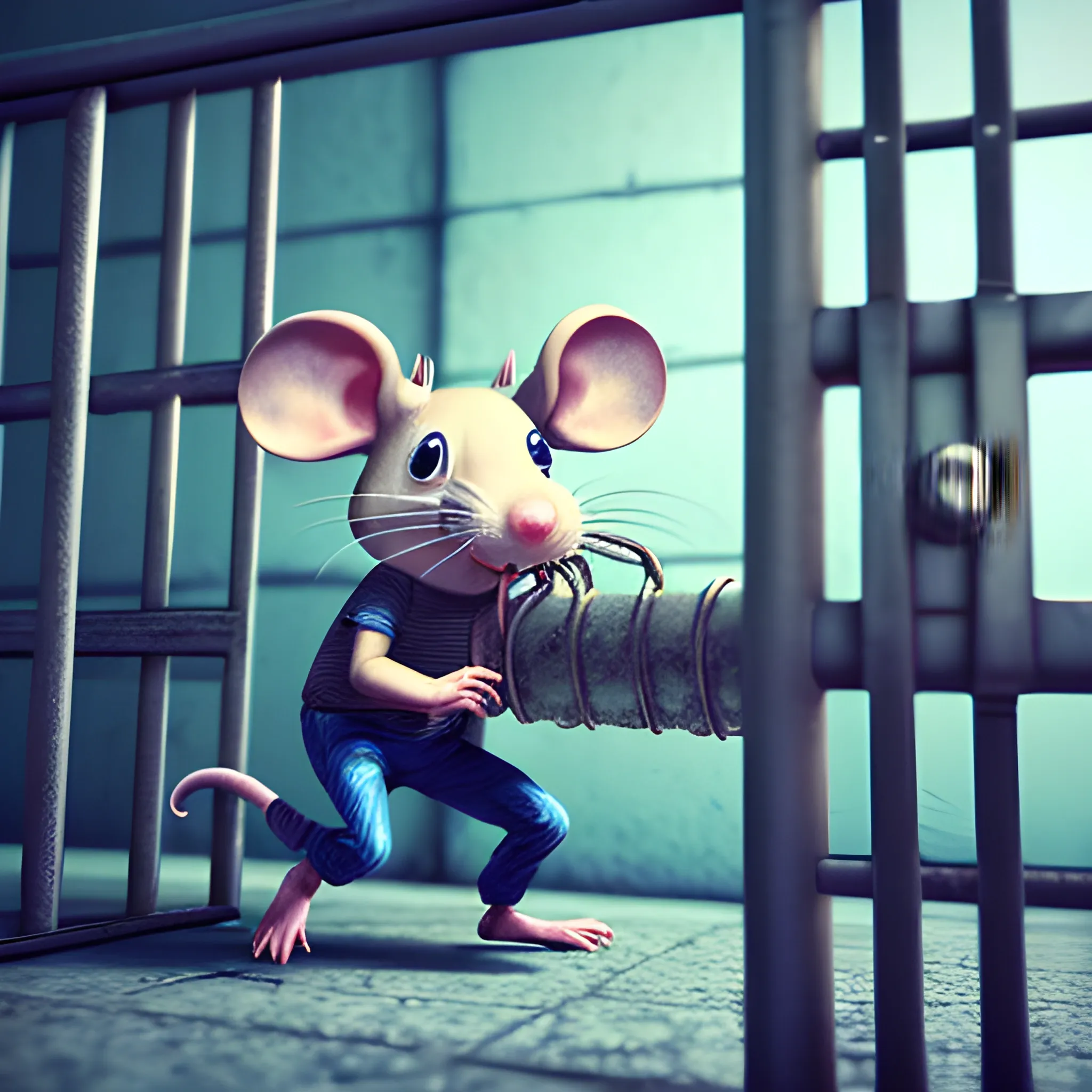 a rat grabbing the prison bars, 3D, Trippy, Oil Paintin, 3 d rendering. unreal engine. amazing likeness. very detailed. cartoon caricature.