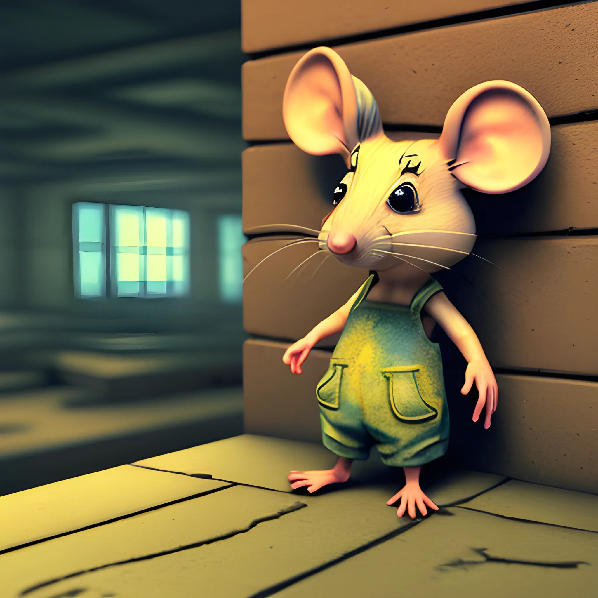 a mouse siting on a bank in prison, 3D, Trippy, Oil Paintin, 3 d rendering. unreal engine. amazing likeness. very detailed. cartoon caricature.