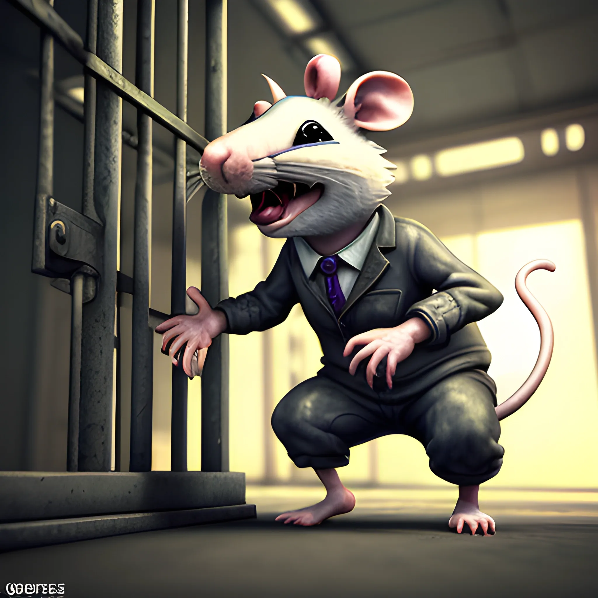 a rat grabbing the prison bars, 3D, Trippy, Oil Paintin, 3 d rendering. unreal engine. amazing likeness. very detailed. cartoon caricature.