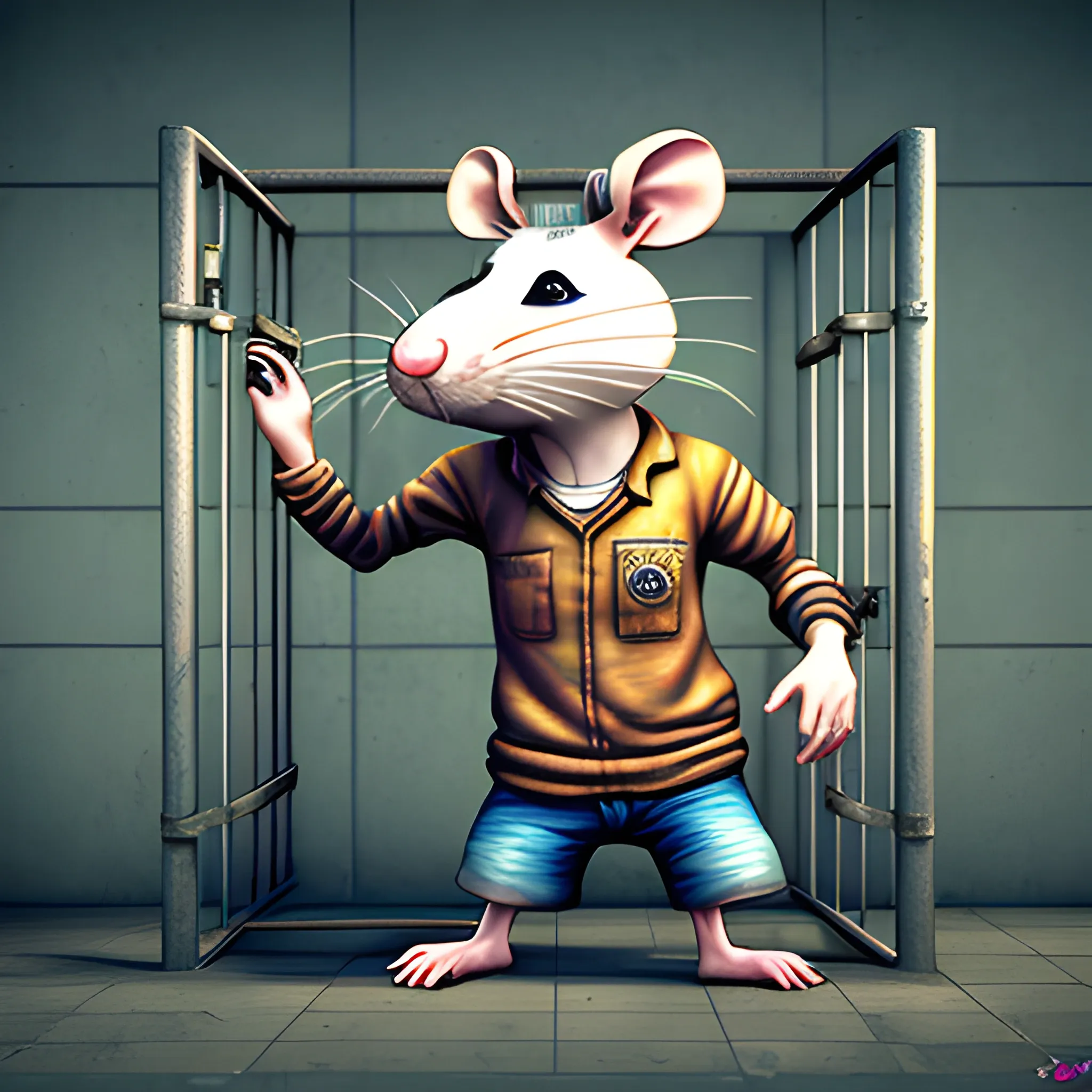 a rat grabbing the prison bars, 3D, Trippy, Oil Paintin, 3 d rendering. unreal engine. amazing likeness. very detailed. cartoon caricature.