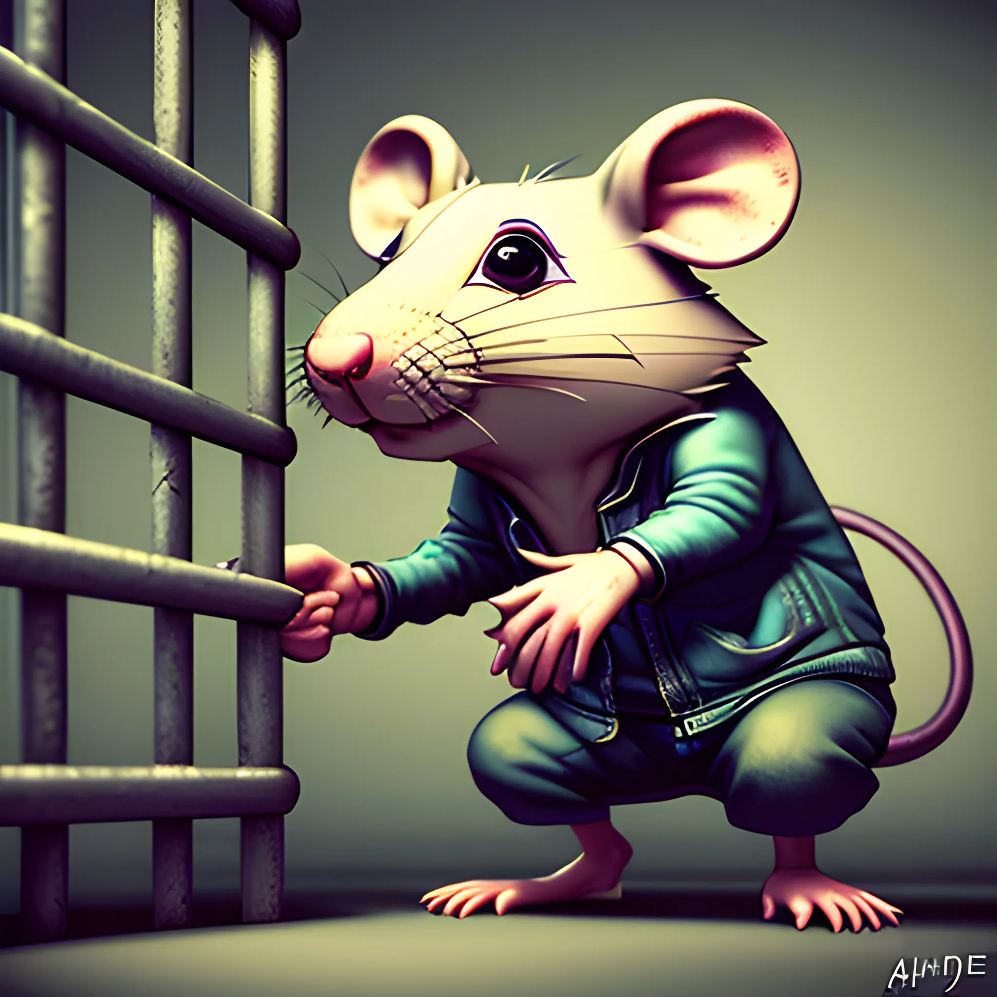 a rat grabbing the prison bars, 3D, Trippy, Oil Paintin, 3 d rendering. unreal engine. amazing likeness. very detailed. cartoon caricature.