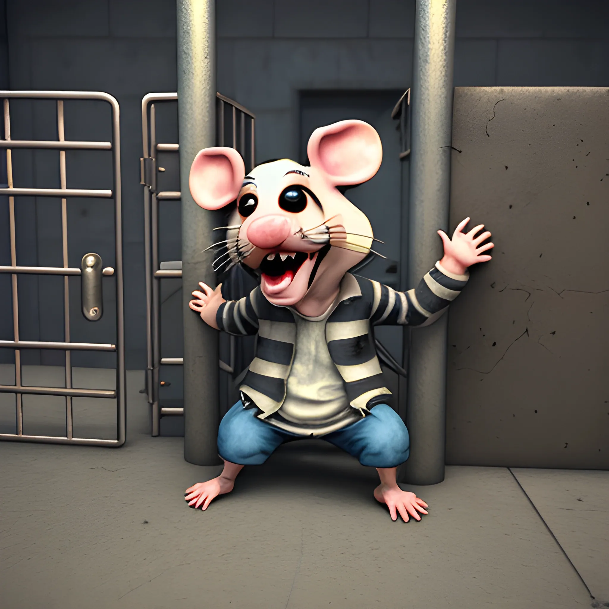 a rat grabbing the prison bars, 3D, Trippy, Oil Paintin, 3 d rendering. unreal engine. amazing likeness. very detailed. cartoon caricature.