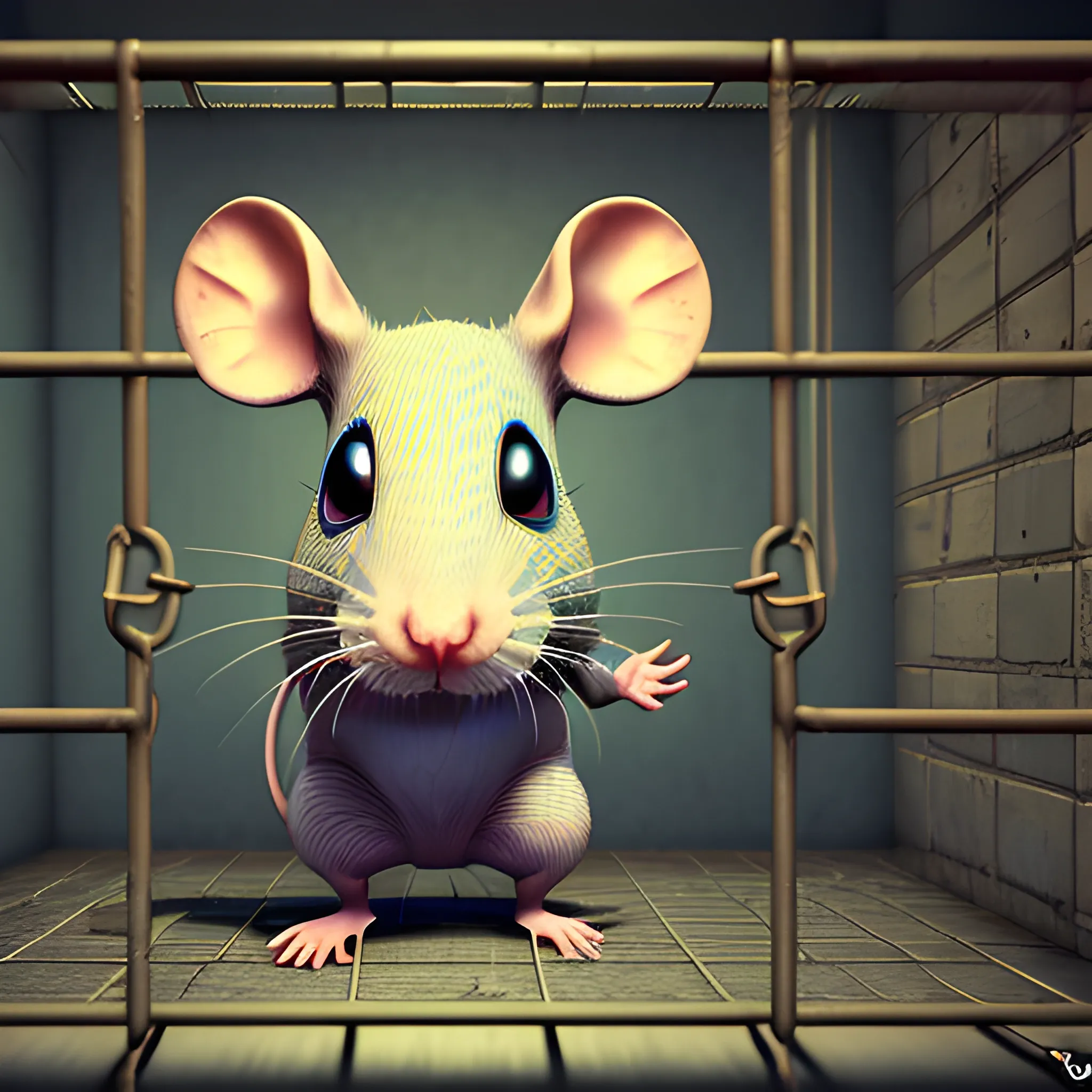 a rat behind prison bars, 3D, Trippy, Oil Paintin, 3 d rendering. unreal engine. amazing likeness. very detailed. cartoon caricature.