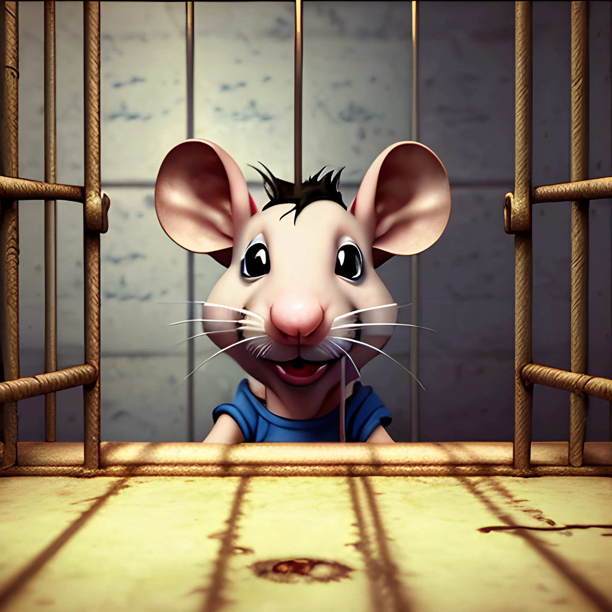 a rat behind the prison bars, 3D, Trippy, Oil Paintin, 3 d rendering. unreal engine. amazing likeness. very detailed. cartoon caricature.