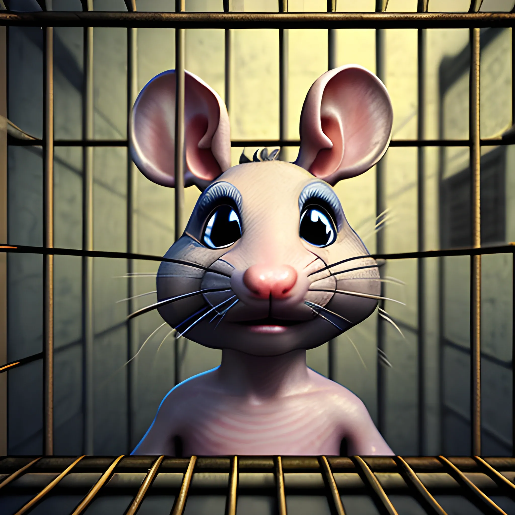 a rat behind prison bars, 3D, Trippy, Oil Paintin, 3 d rendering. unreal engine. amazing likeness. very detailed. cartoon caricature.