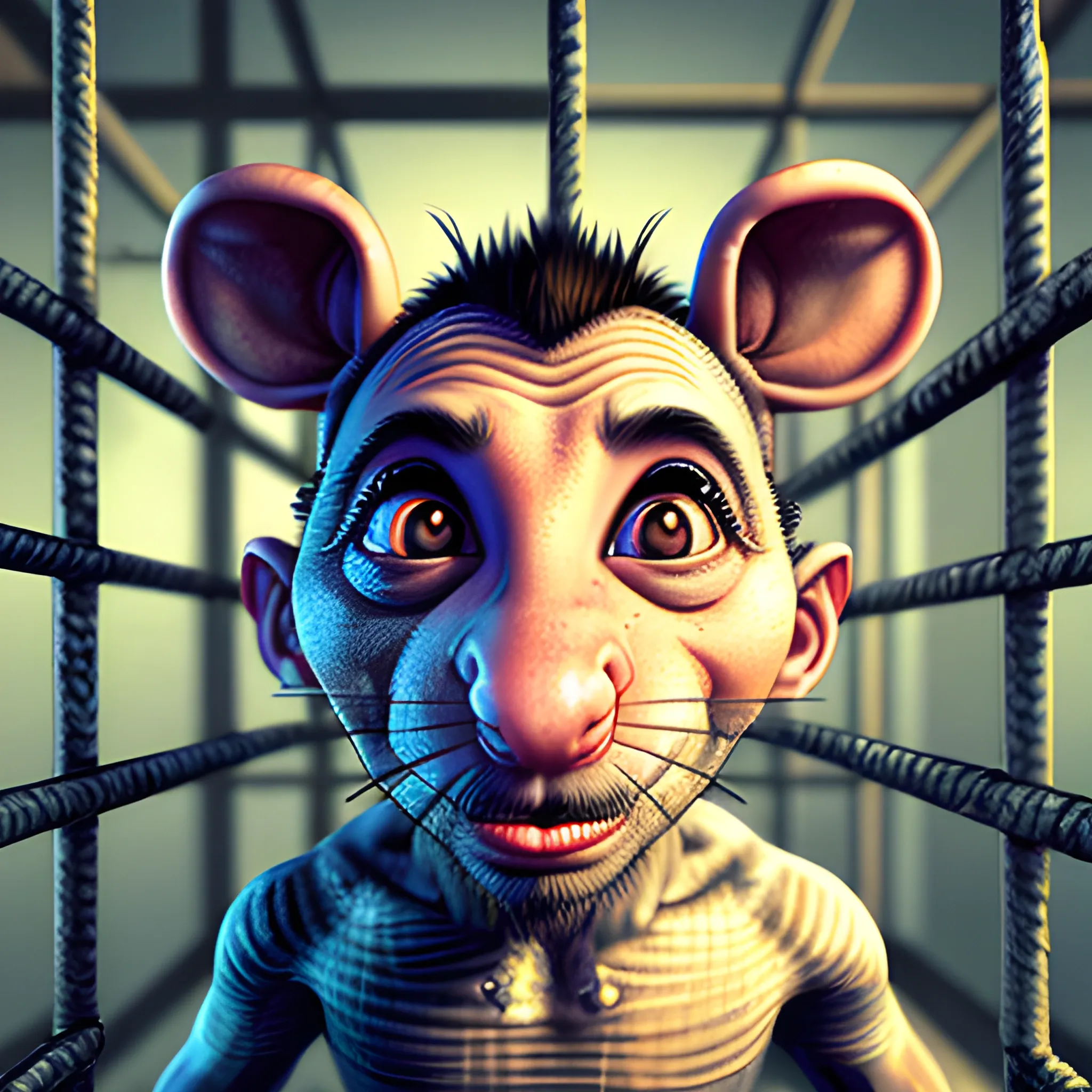 a complete rat behind prison bars, 3D, Trippy, Oil Paintin, 3 d rendering. unreal engine. amazing likeness. very detailed. cartoon caricature.