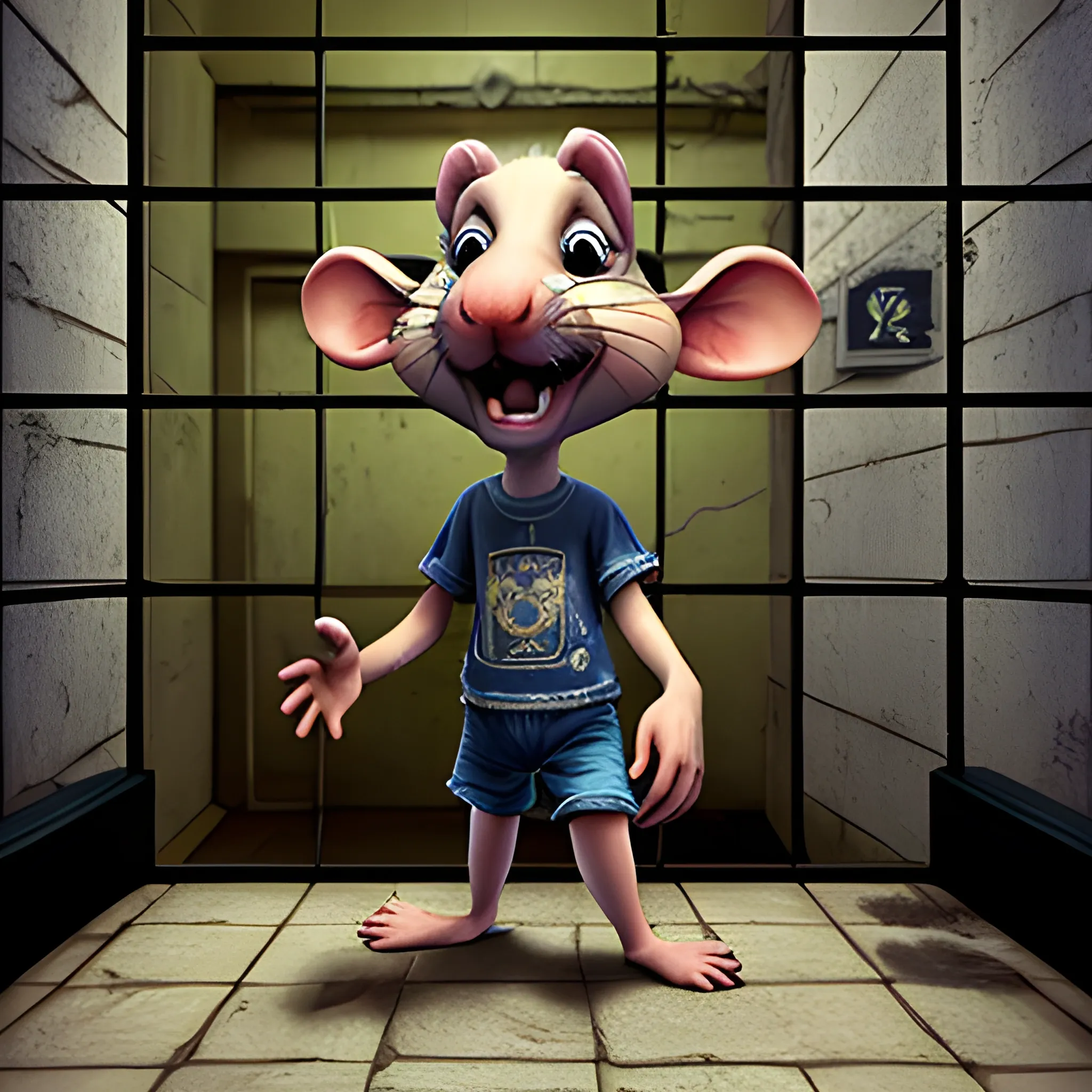 a complete rat behind the prison bars, 3D, Trippy, Oil Paintin, 3 d rendering. unreal engine. amazing likeness. very detailed. cartoon caricature.