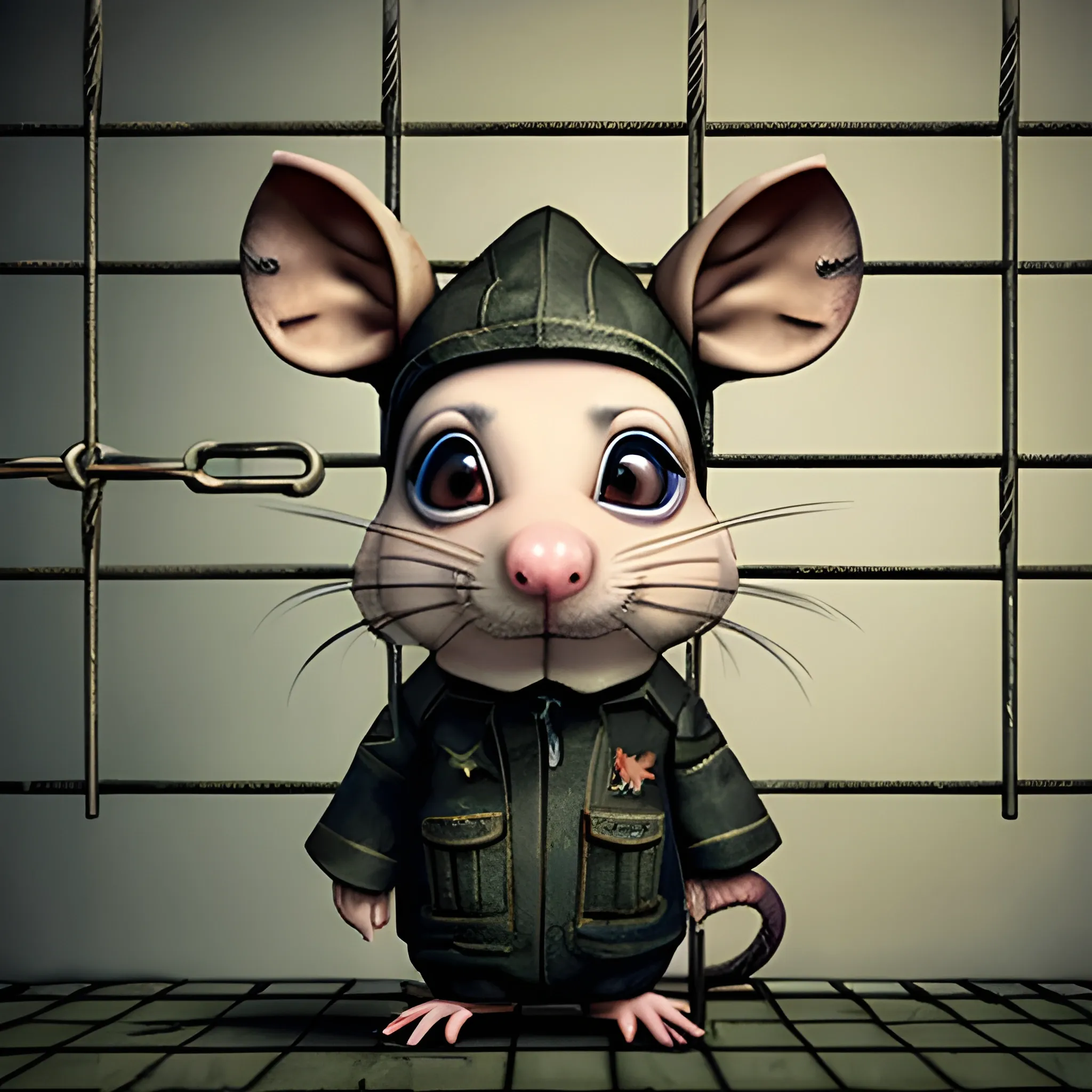 a rat with prisioner outfit behind prison bars, 3D, Trippy, Oil Paintin, 3 d rendering. unreal engine. amazing likeness. very detailed. cartoon caricature.