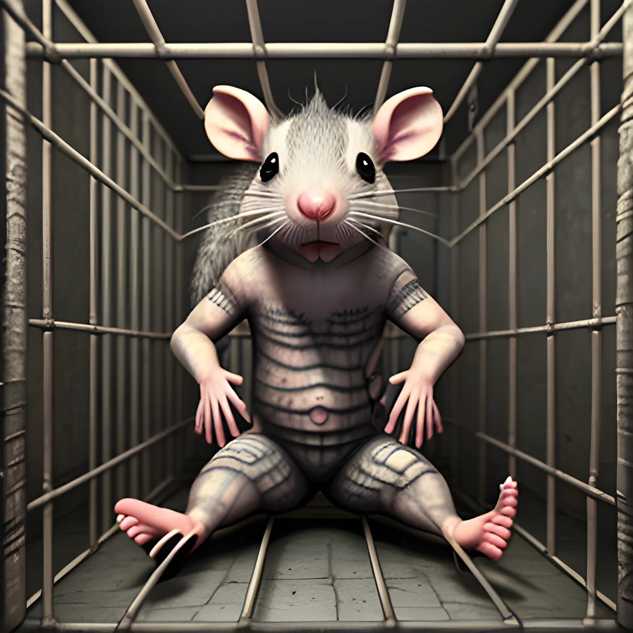 a complete rat behind prison bars, 3D, Trippy, Oil Paintin, 3 d rendering. unreal engine. amazing likeness. very detailed. cartoon caricature, animated rat prisoner