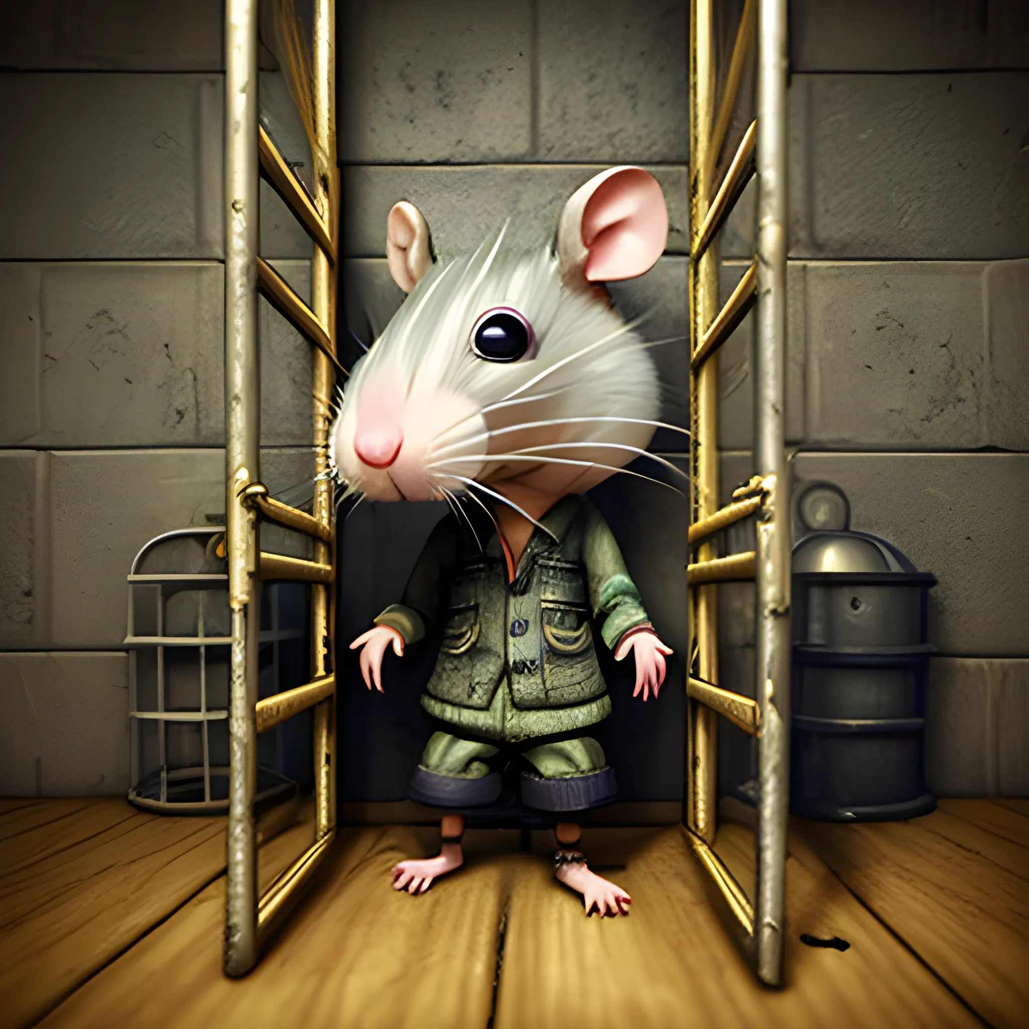 a rat with prisioner outfitprison bars, 3D, Trippy, Oil Paintin, 3 d rendering. unreal engine. amazing likeness. very detailed. cartoon caricature.