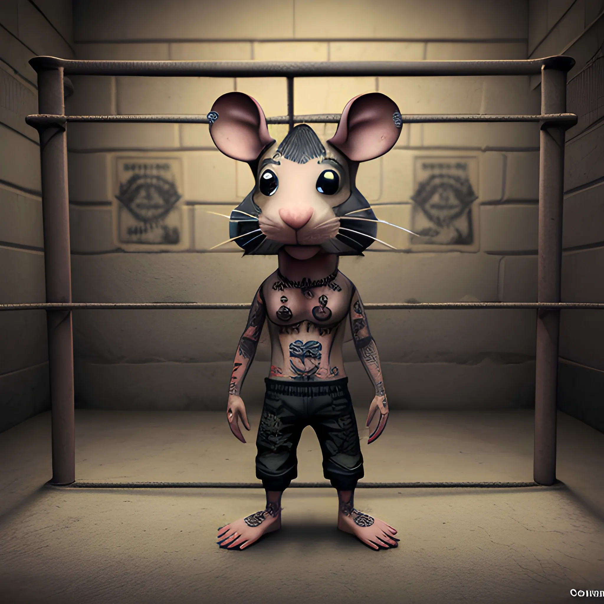 a rat with prisioner outfit and tatoos  behind prison bars, 3D, Trippy, Oil Paintin, 3 d rendering. unreal engine. amazing likeness. very detailed. cartoon caricature.