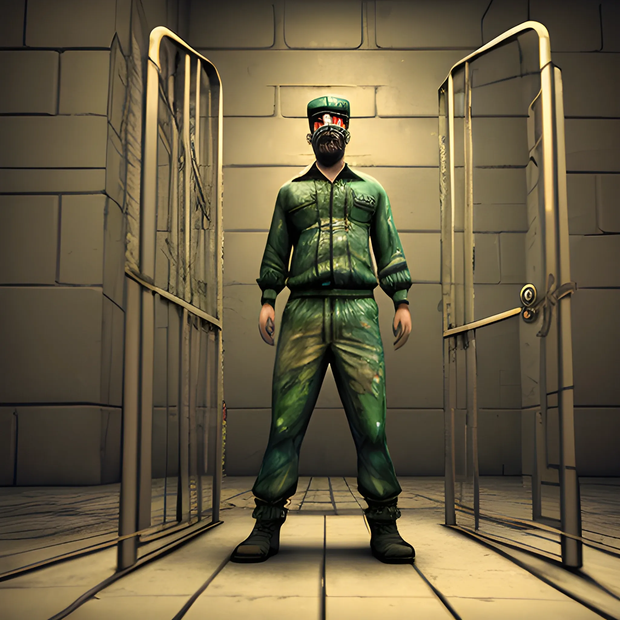 a with prisioner outfit behindprison bars, 3D, Trippy, Oil Paintin, 3 d rendering. unreal engine. amazing likeness. very detailed. cartoon caricature.