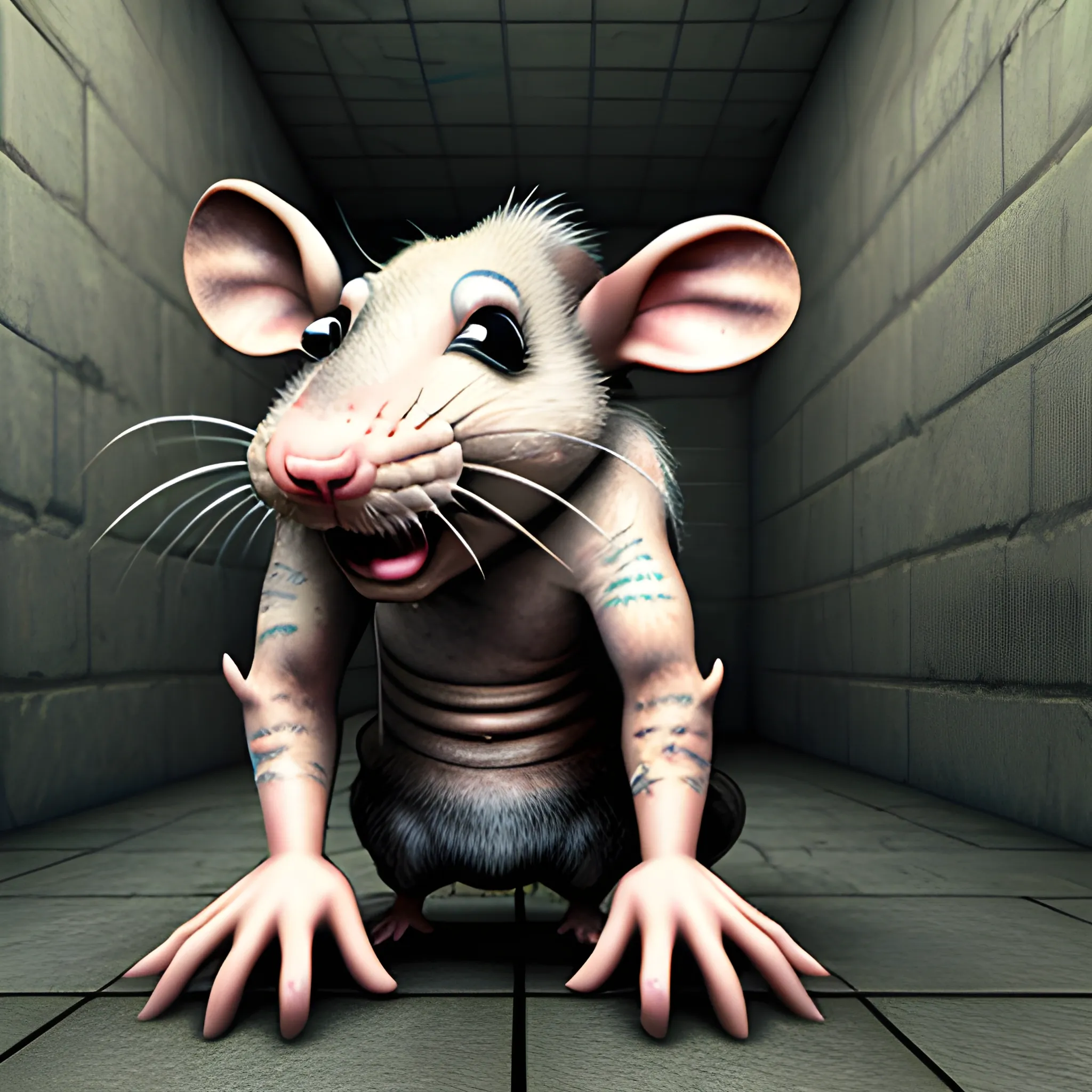 a complete rat  behind in prison, 3D, Trippy, Oil Paintin, 3 d rendering. unreal engine. amazing likeness. very detailed. cartoon caricature, animated prisoner rat