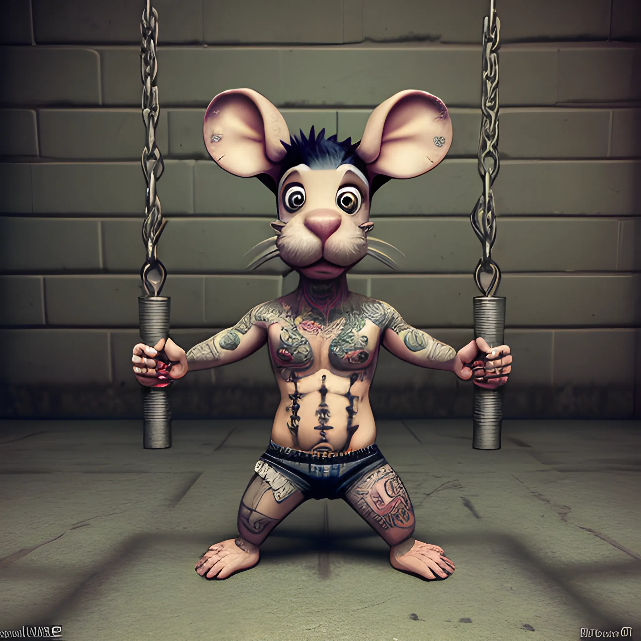 a rat with prisioner outfit and tatoos  in prison, 3D, Trippy, Oil Paintin, 3 d rendering. unreal engine. amazing likeness. very detailed. cartoon caricature.