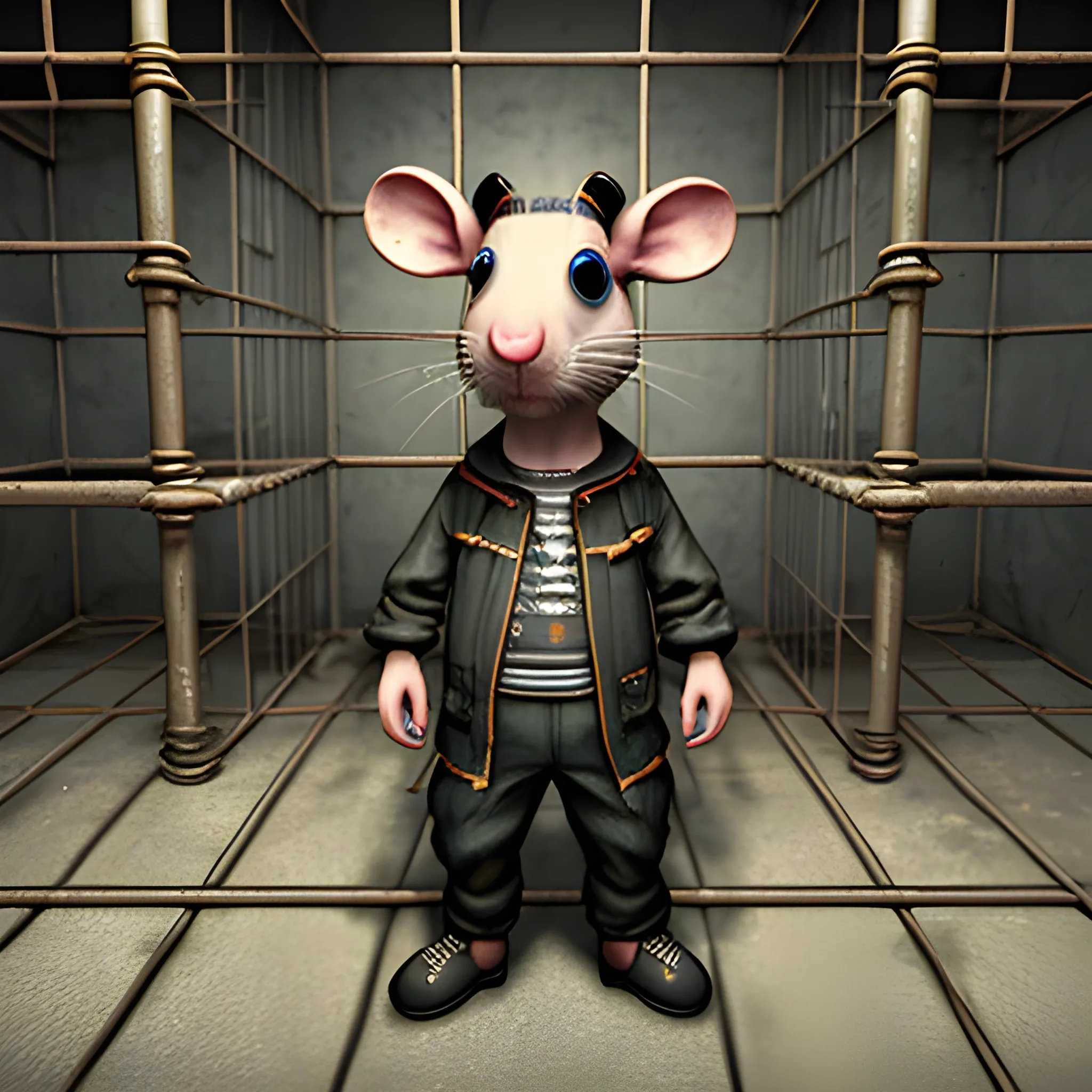 a rat with prisioner outfit behind prison bars, 3D, Trippy, Oil Paintin, 3 d rendering. unreal engine. amazing likeness. very detailed. cartoon caricature.