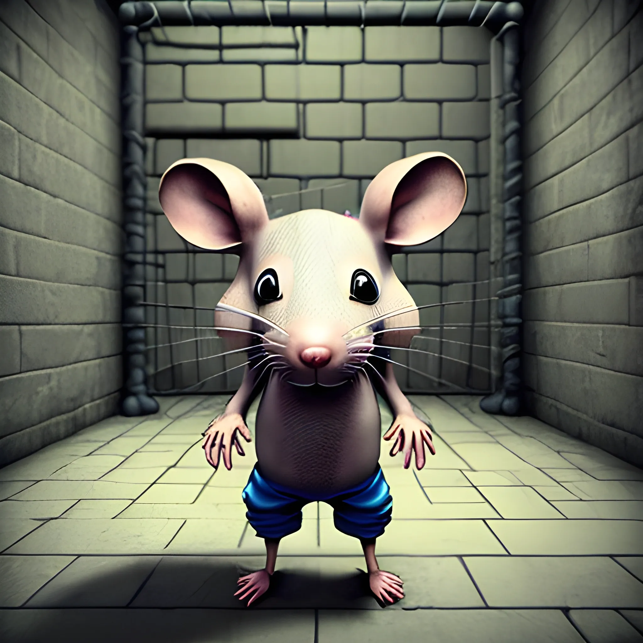 a complete rat  in prison, 3D, Trippy, Oil Paintin, 3 d rendering. unreal engine. amazing likeness. very detailed. cartoon caricature, animated prisoner rat