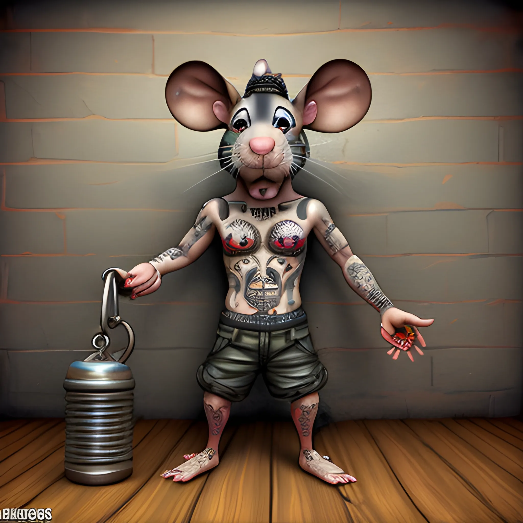 a rat with prisioner outfit and tatoos  in prison, 3D, Trippy, Oil Paintin, 3 d rendering, amazing likeness. very detailed. cartoon caricature.