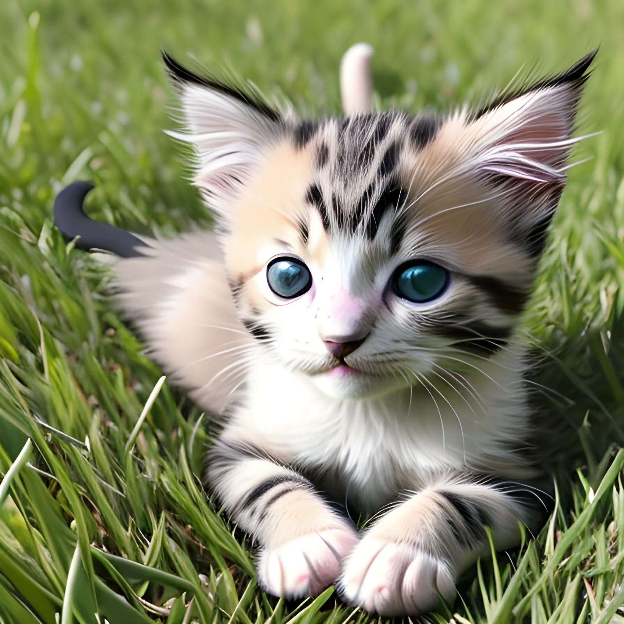 A three-color kitten basking in the sun on the grass

, Pencil Sketch