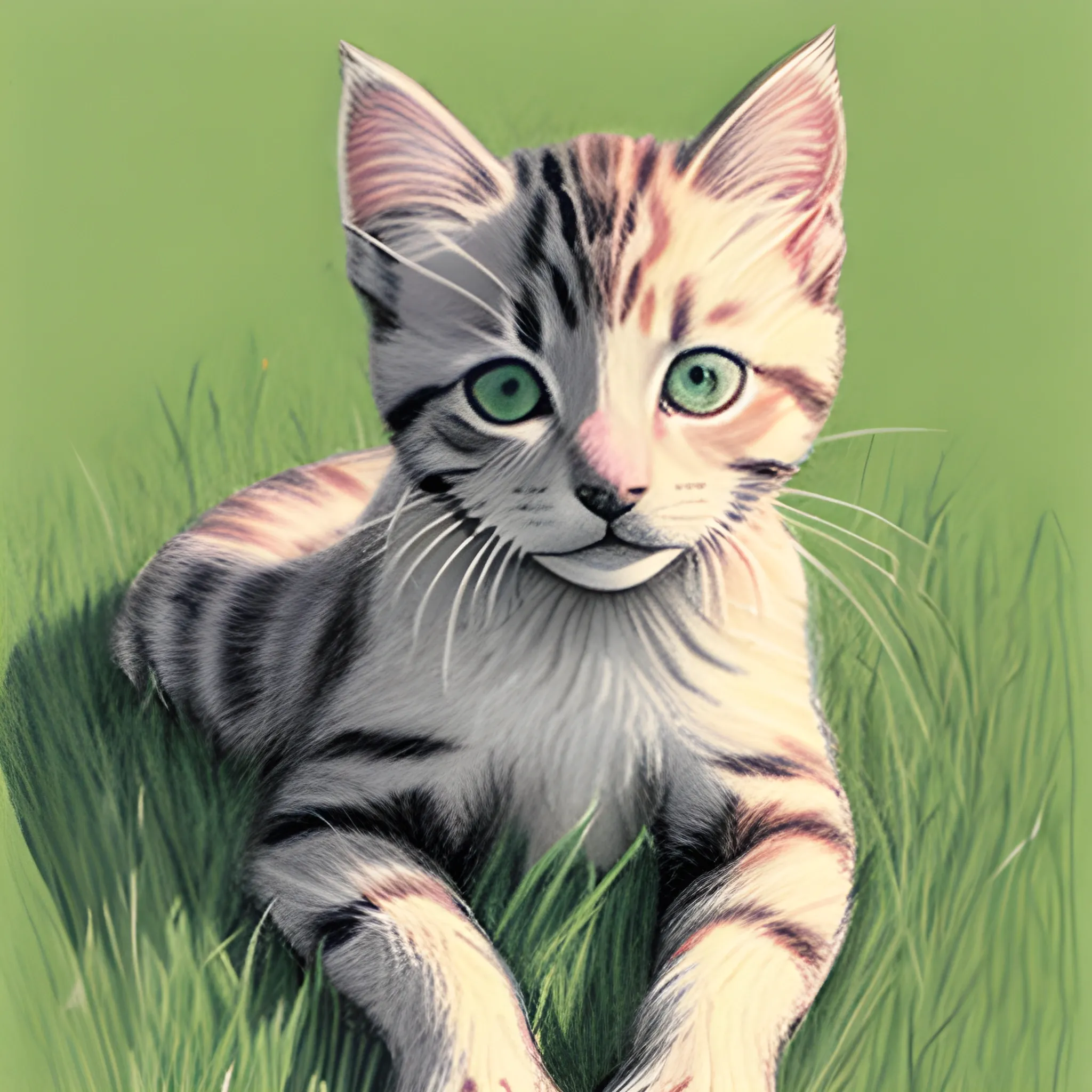 A three-color kitten basking in the sun on the grass

, Pencil Sketch