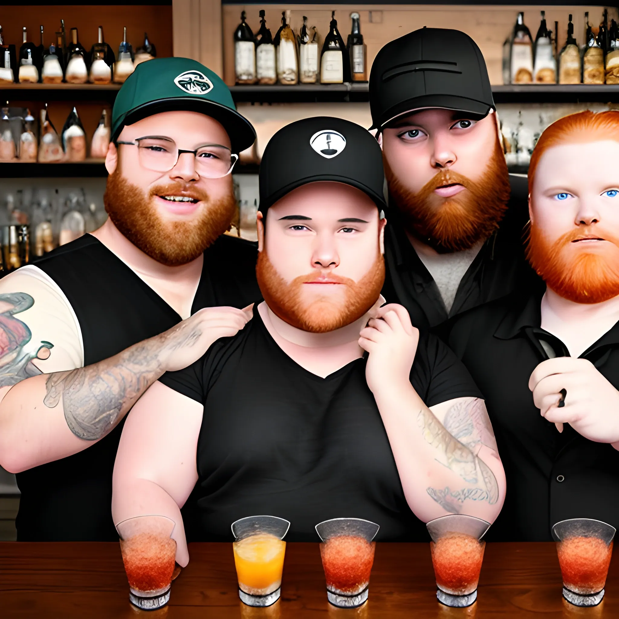 4 bartenders
one woman brunette, one is fat red head with a beard, one looks like seth rogen, and one has black hair with a beard and wears a backward baseball cap