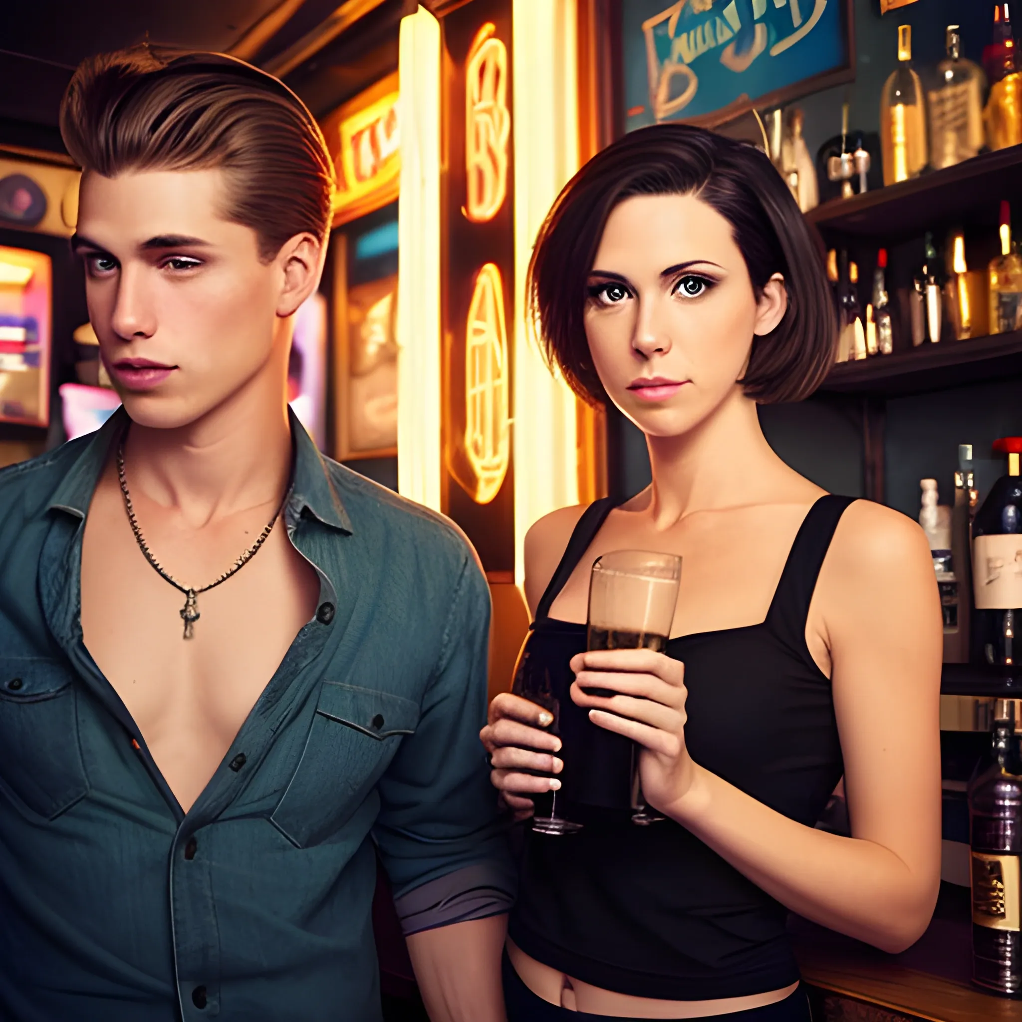 a female brunette bartender with short hair and a male tall skinny blonde bartender in a dive bar in brooklyn
