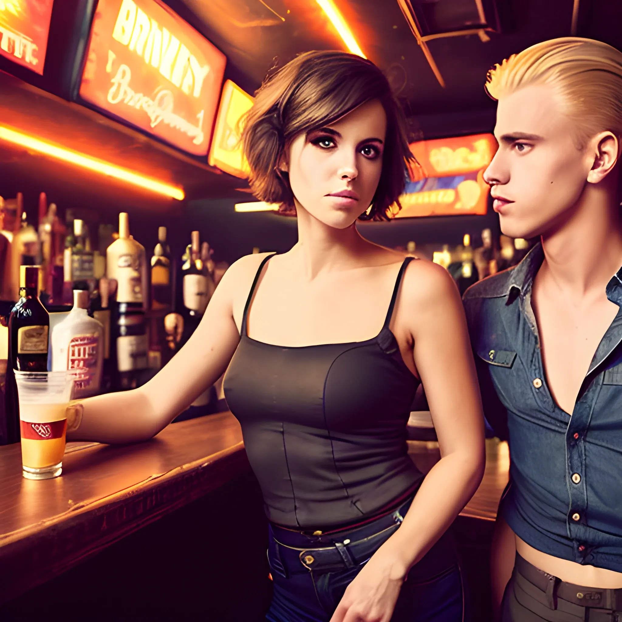 a female brunette bartender with short hair and a male tall skinny blonde bartender in a dive bar in brooklyn
