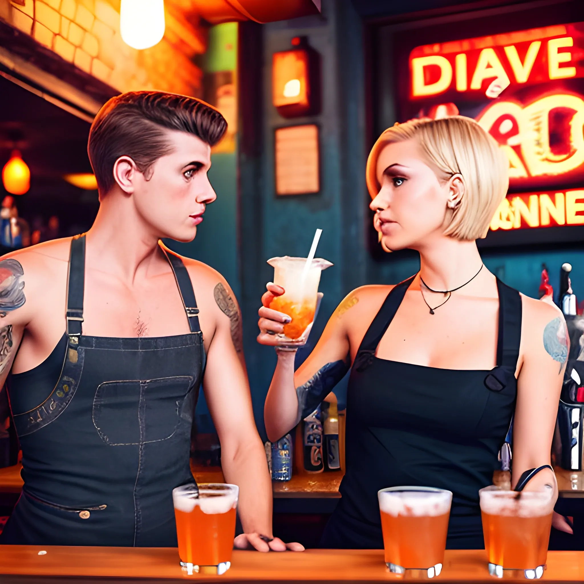 a female brunette bartender with short hair and a male tall skinny blonde bartender in a dive bar in brooklyn, making and serving drinks 
