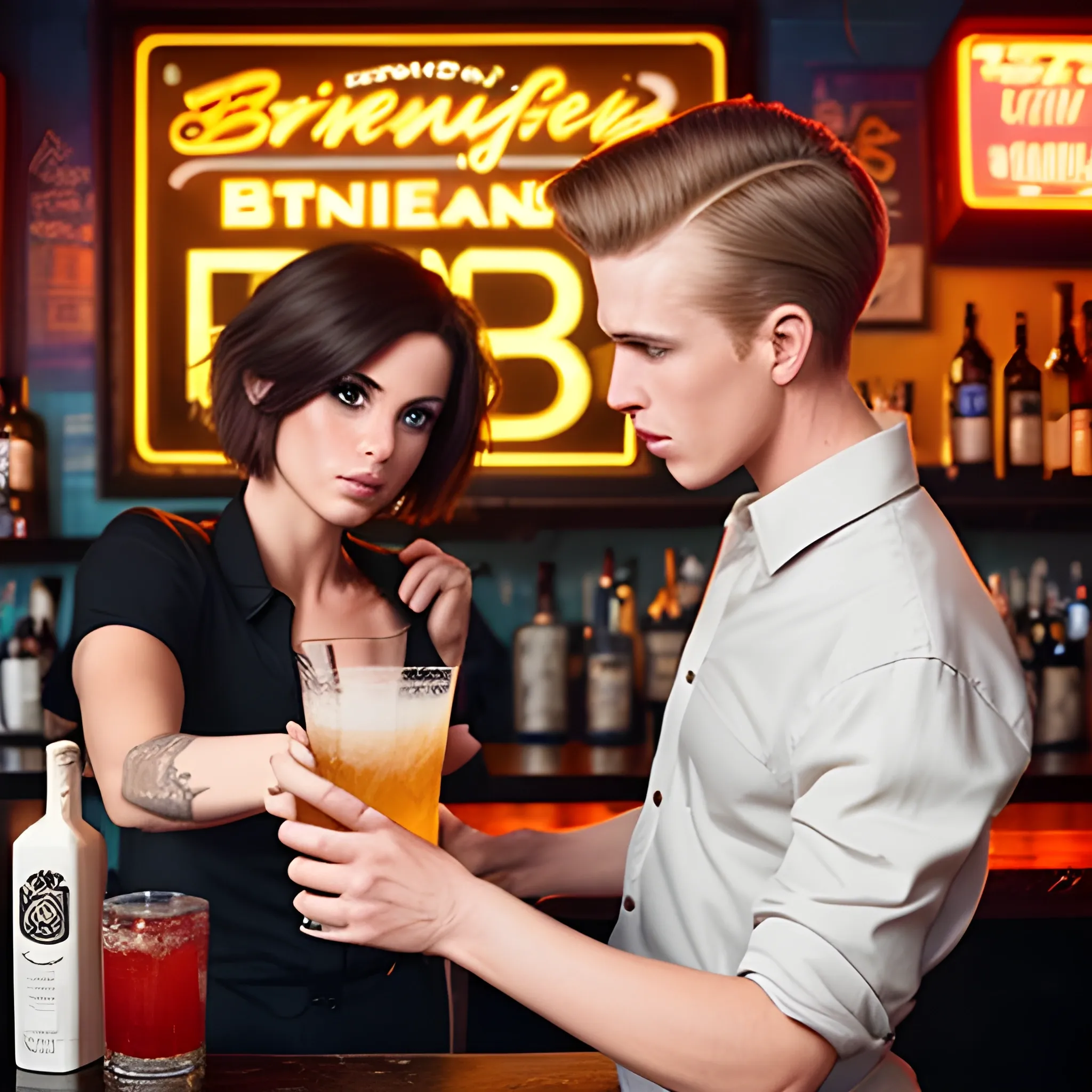 a female brunette bartender with short hair and a male tall skinny blonde bartender in a dive bar in brooklyn, making and serving drinks 
