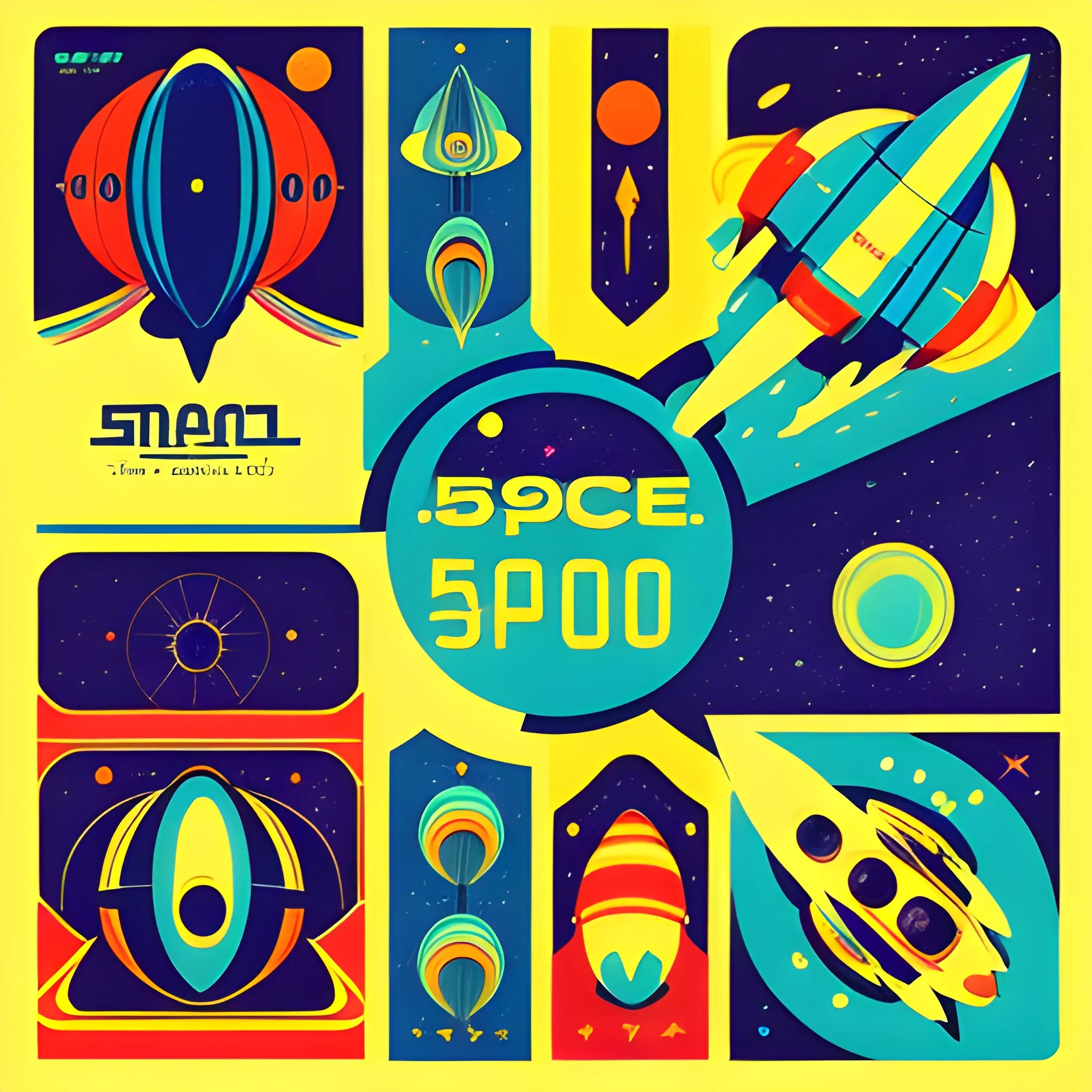 Retro style that evokes space age nostalgia of the 60s and 70s. Uses vibrant colors and graphics inspired by old sci-fi movies and space travel posters., 3D