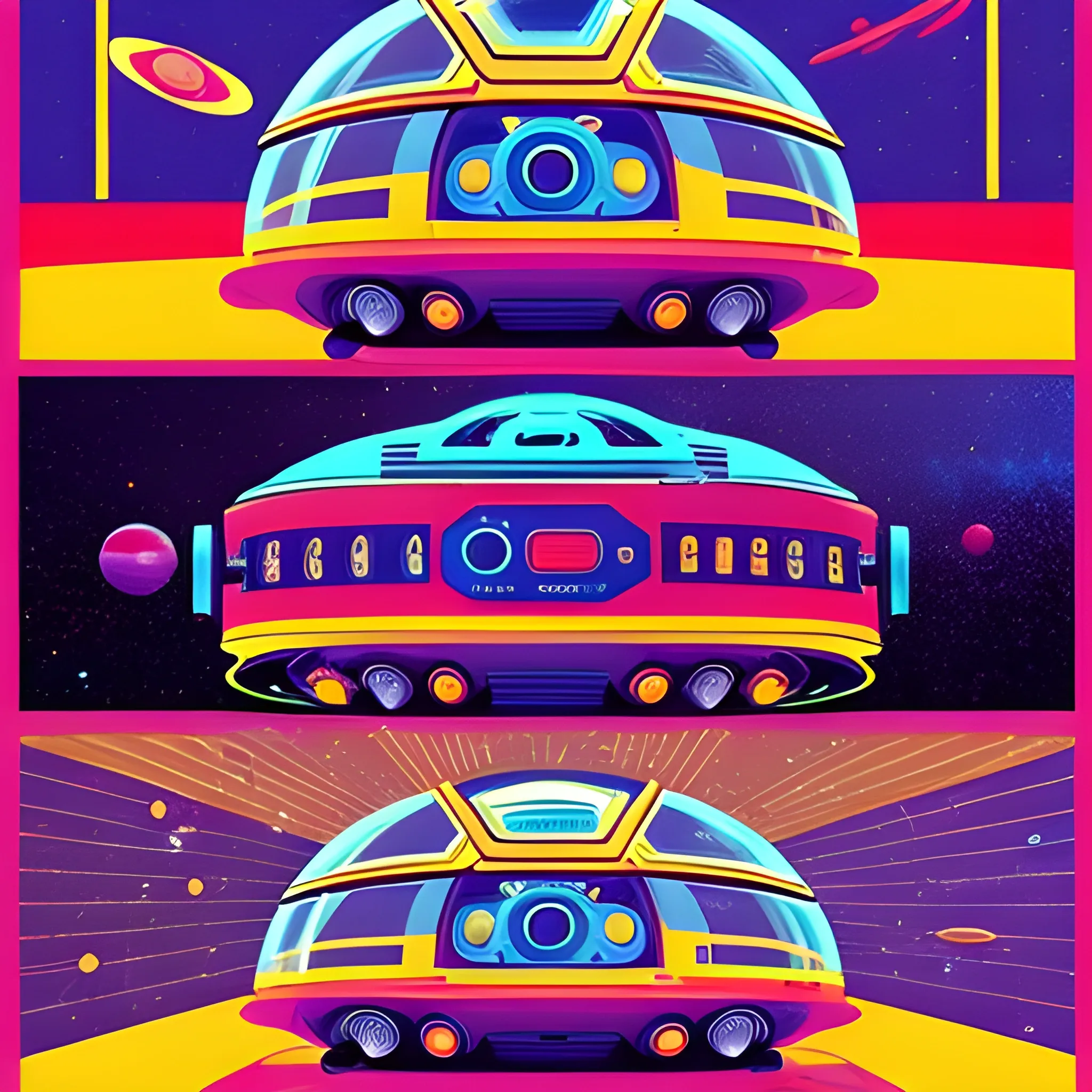 Retro style that evokes space age nostalgia of the 60s and 70s. Uses vibrant colors and graphics inspired by old sci-fi movies., 3D