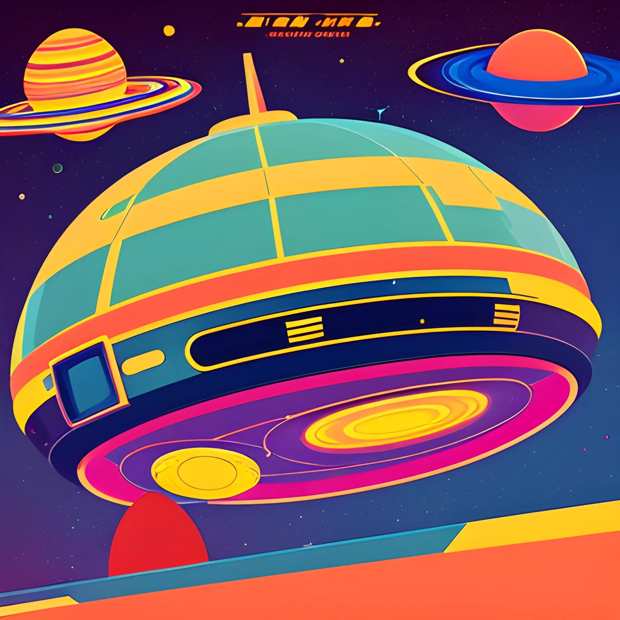 Retro style that evokes space age nostalgia of the 60s and 70s. Uses vibrant colors and graphics inspired by old sci-fi movies., 3D, Cartoon