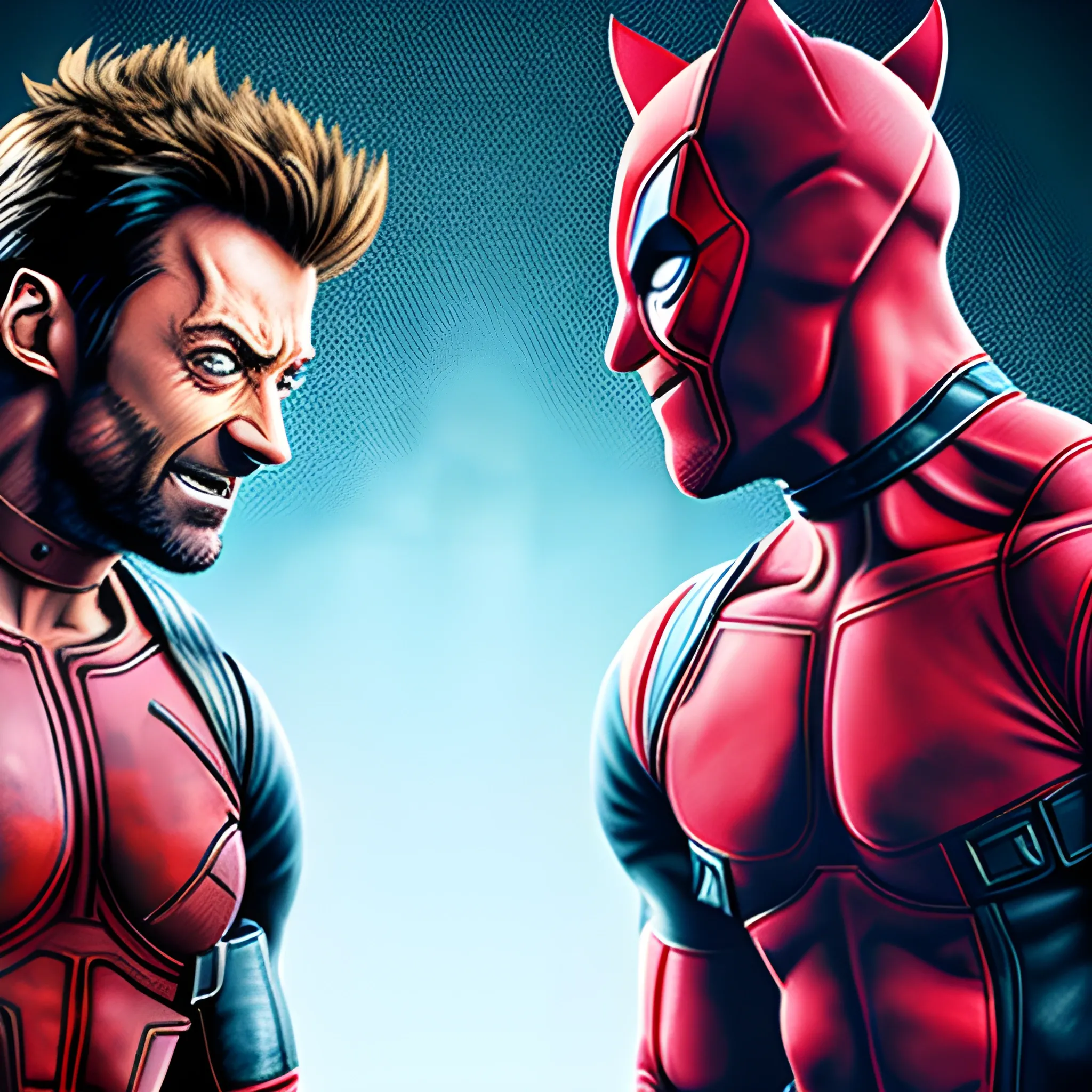 Hugh Jackman as Wolverine fighthing with deadpool,  anime style, 3D