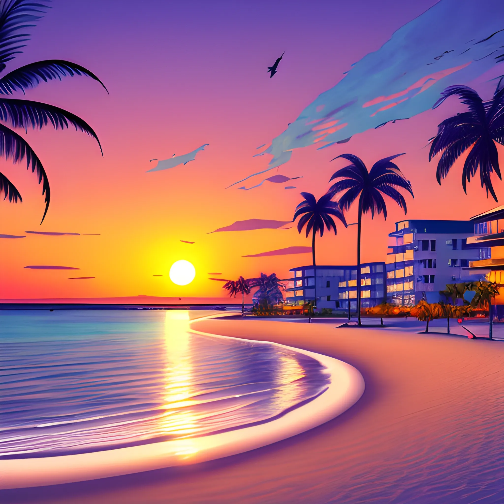 Colouring page, sunset, 3D, not dark, buildings, water, beach, one palm tree, 