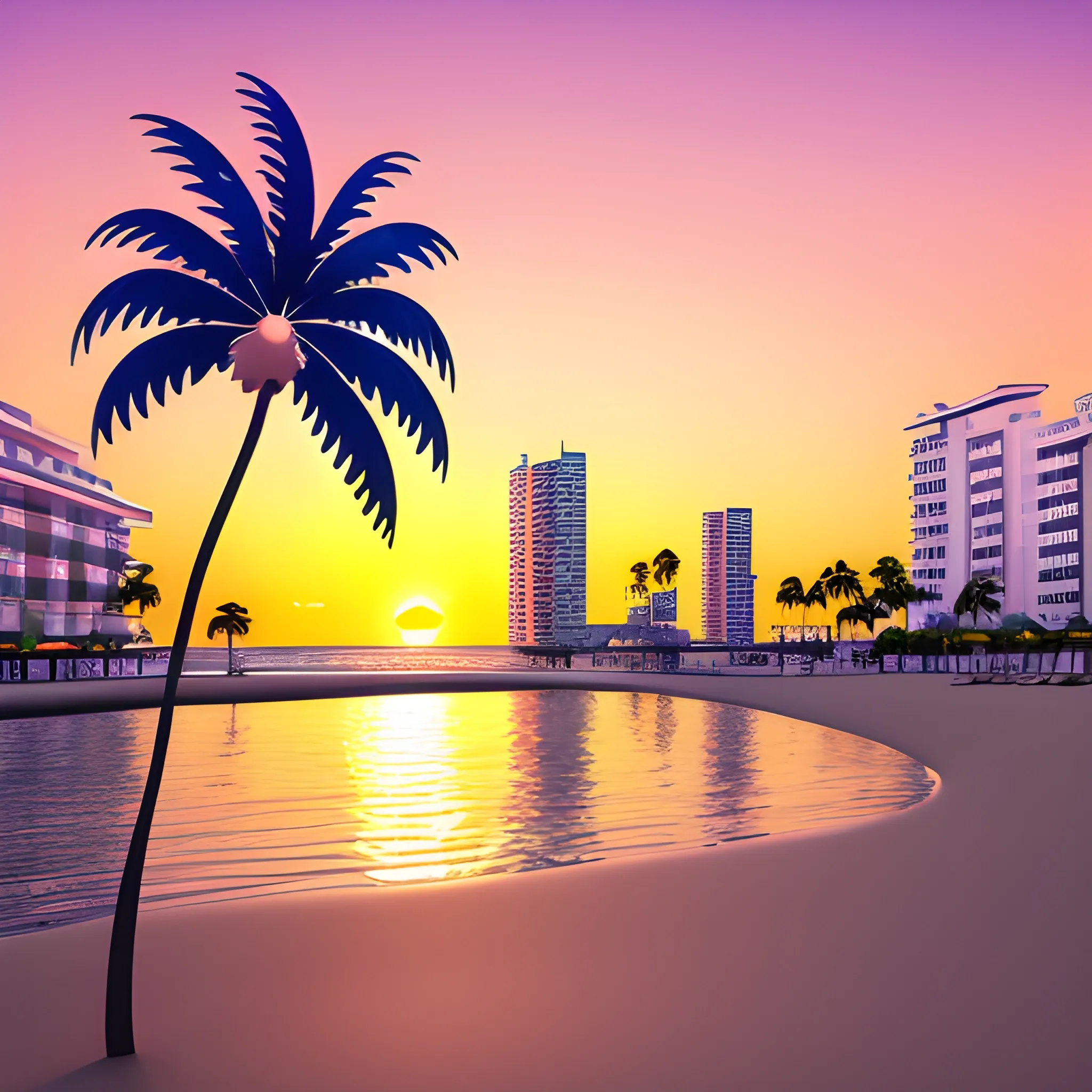 Colouring page, sunset, 3D, buildings, water, beach, one palm tree, 