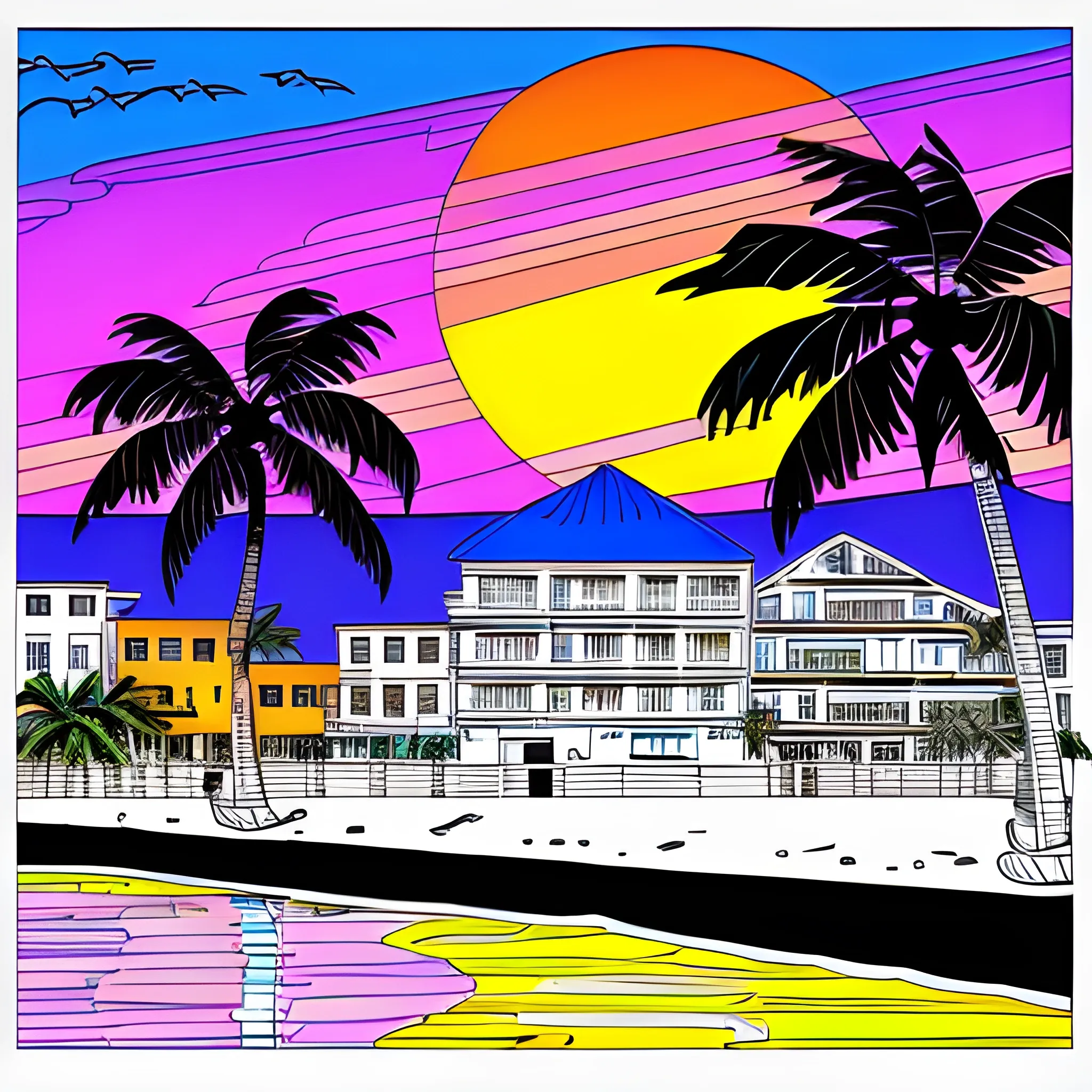 sunset, buildings, water, beach, one palm tree, colouring page 