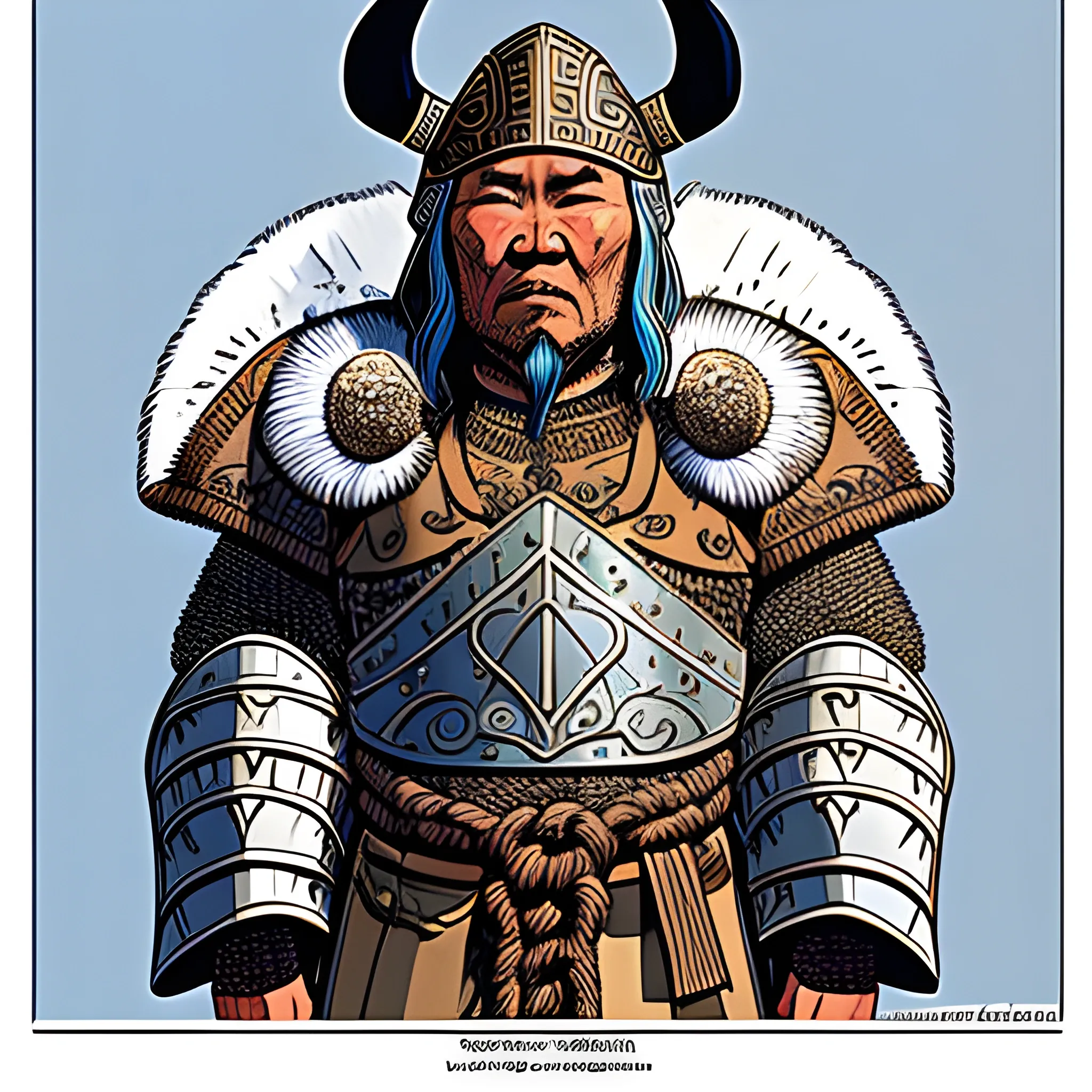 Inuit chief with viking armor armor with Inuit designs, drawn in Jean Giraud art style