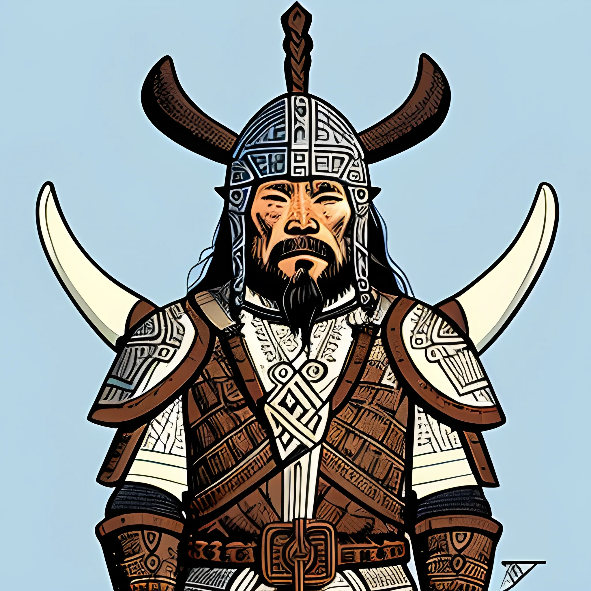 Inuit chief with viking armor armor with Inuit designs, looking off into the distance, with Inuit viking mixed design, drawn in Jean Giraud art style