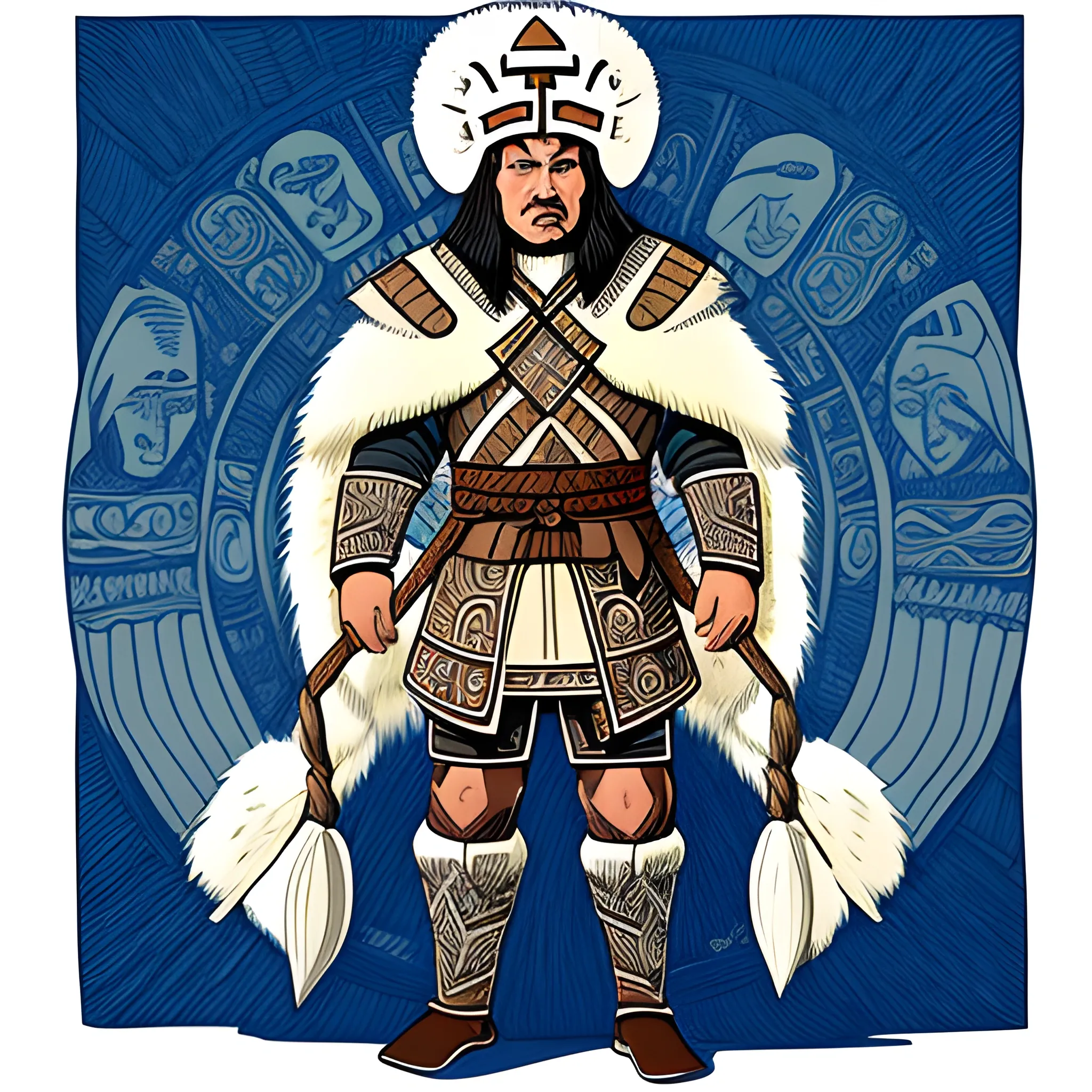 Inuit chief with viking armor armor with Inuit designs, looking off into the distance, with Inuit viking mixed design, drawn in Jean Giraud art style, full body shot
