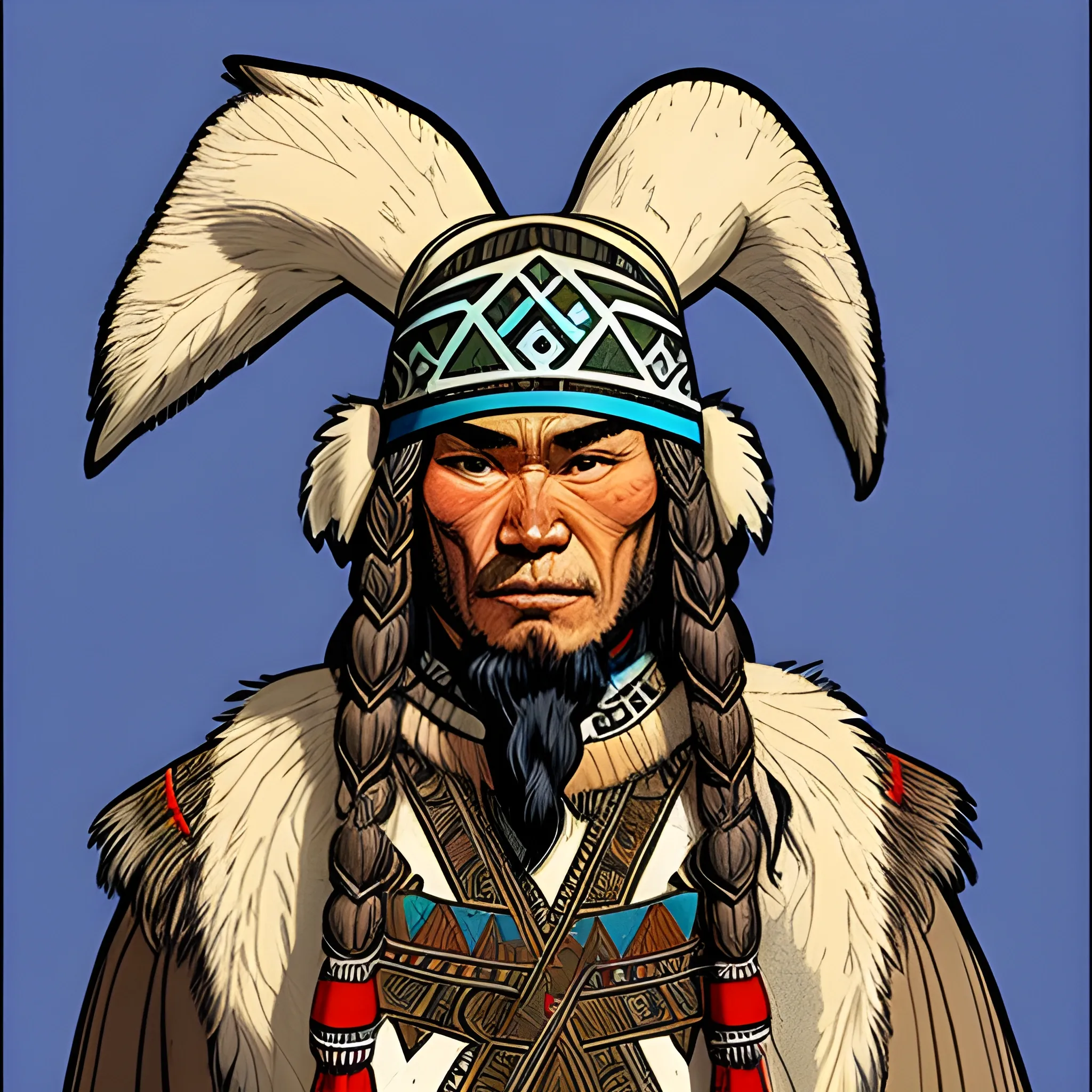 Inuit shaman with Inuit viking mixed design in his clothing, drawn in Jean Giraud art style
