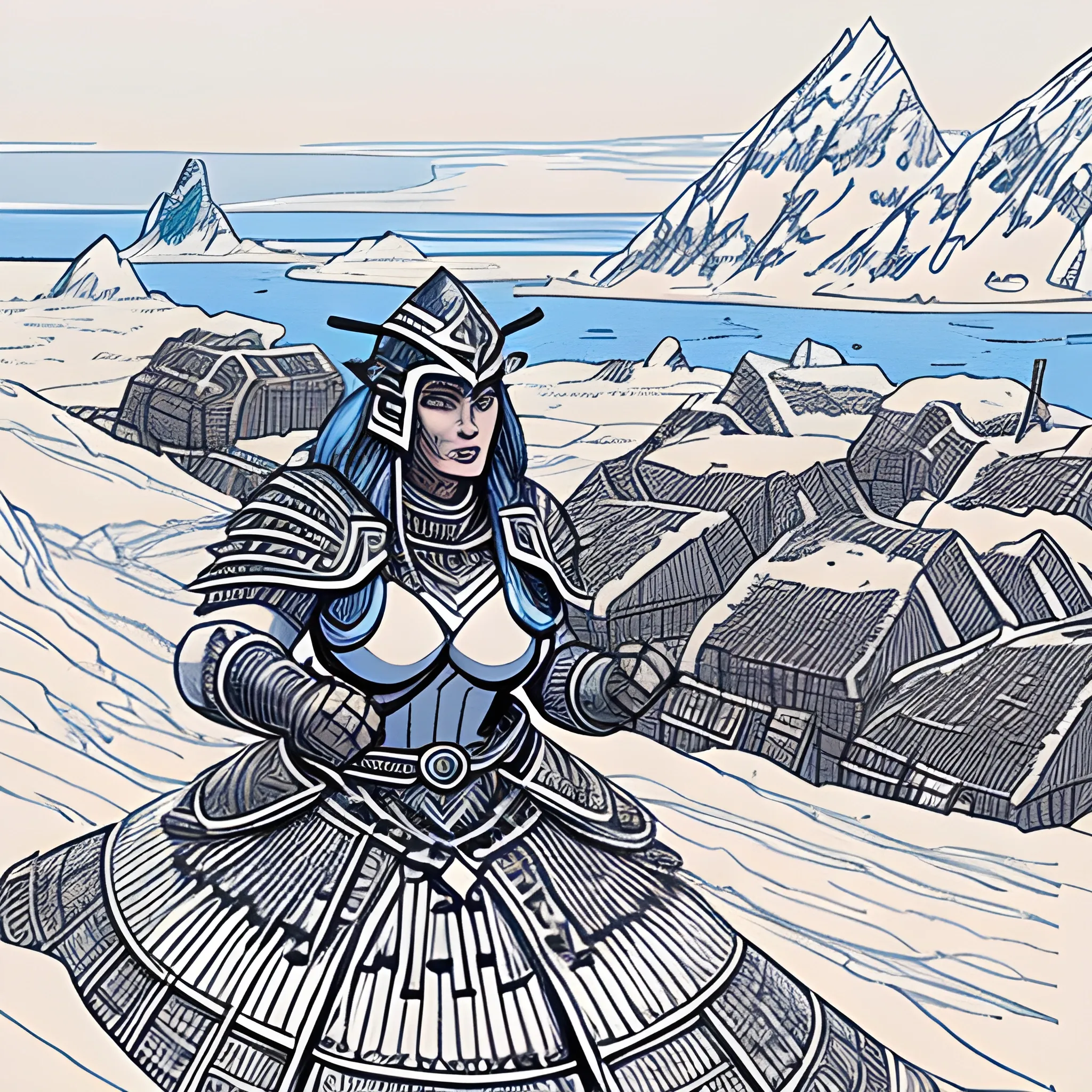 Inuit girl in viking armor mixed with Inuit design, with a raiding party, attacking a village, drawn in Jean Giraud art style
