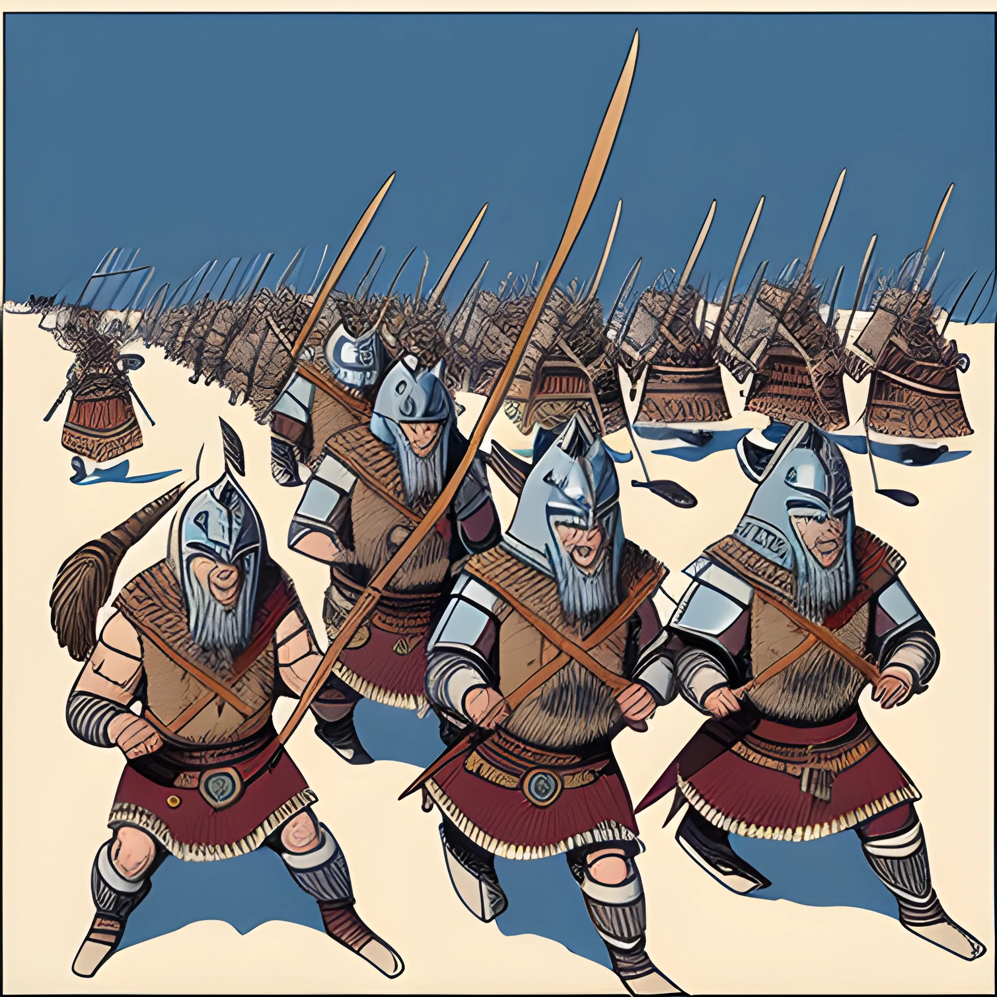 inuit warriors with viking armor mixed with Inuit design, racing a village, drawn in Jean Giraud art style