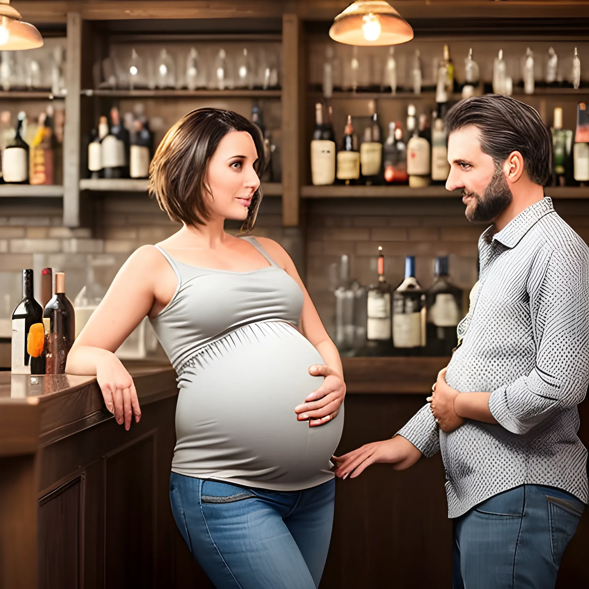 a married couple owns a bar, the wife is pregnant and has short brown hair and the husband has grey hair and a grey beqard
