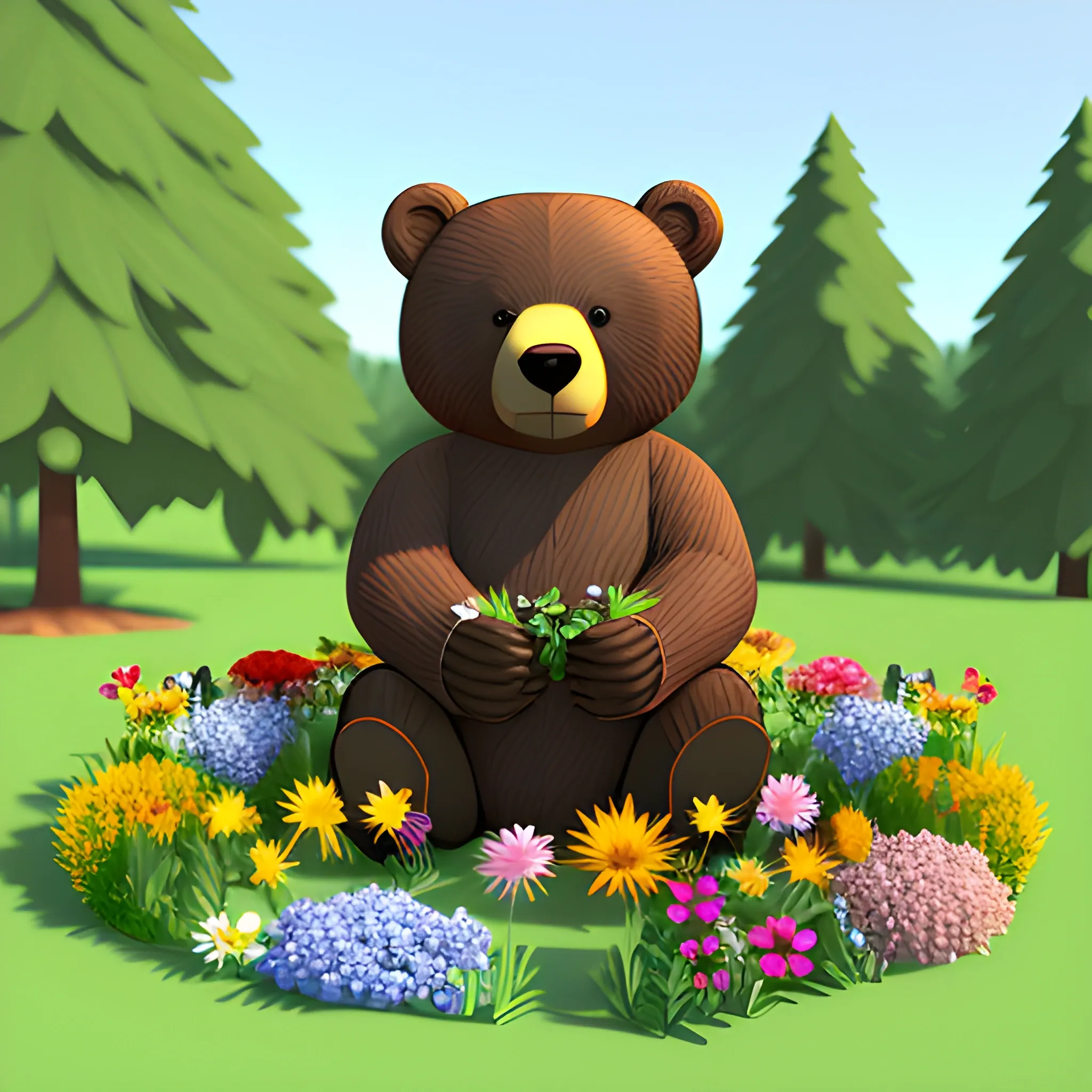 flowers, birds, bear, 3D, Cartoon, 3D