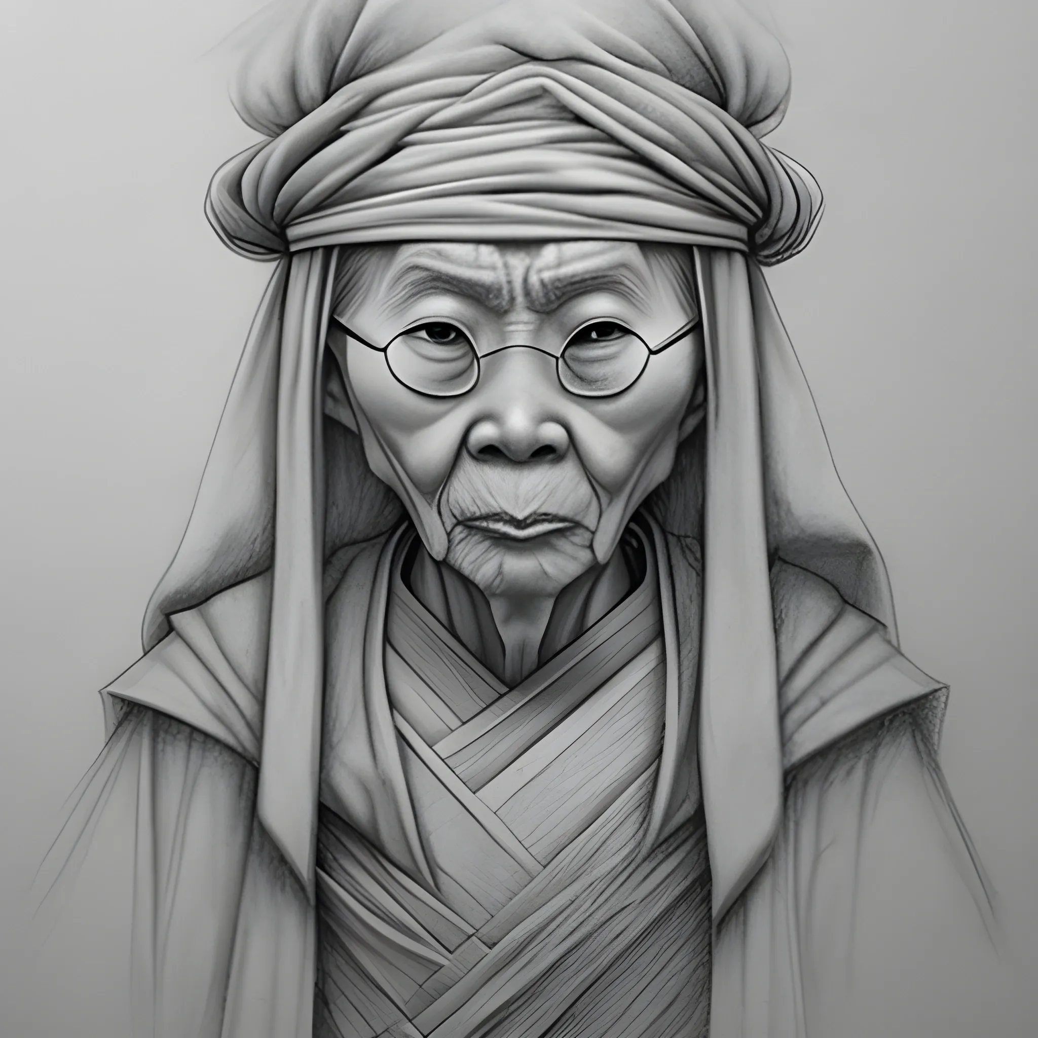 blind oracle, wise, no background, detailed, asian, Pencil Sketch