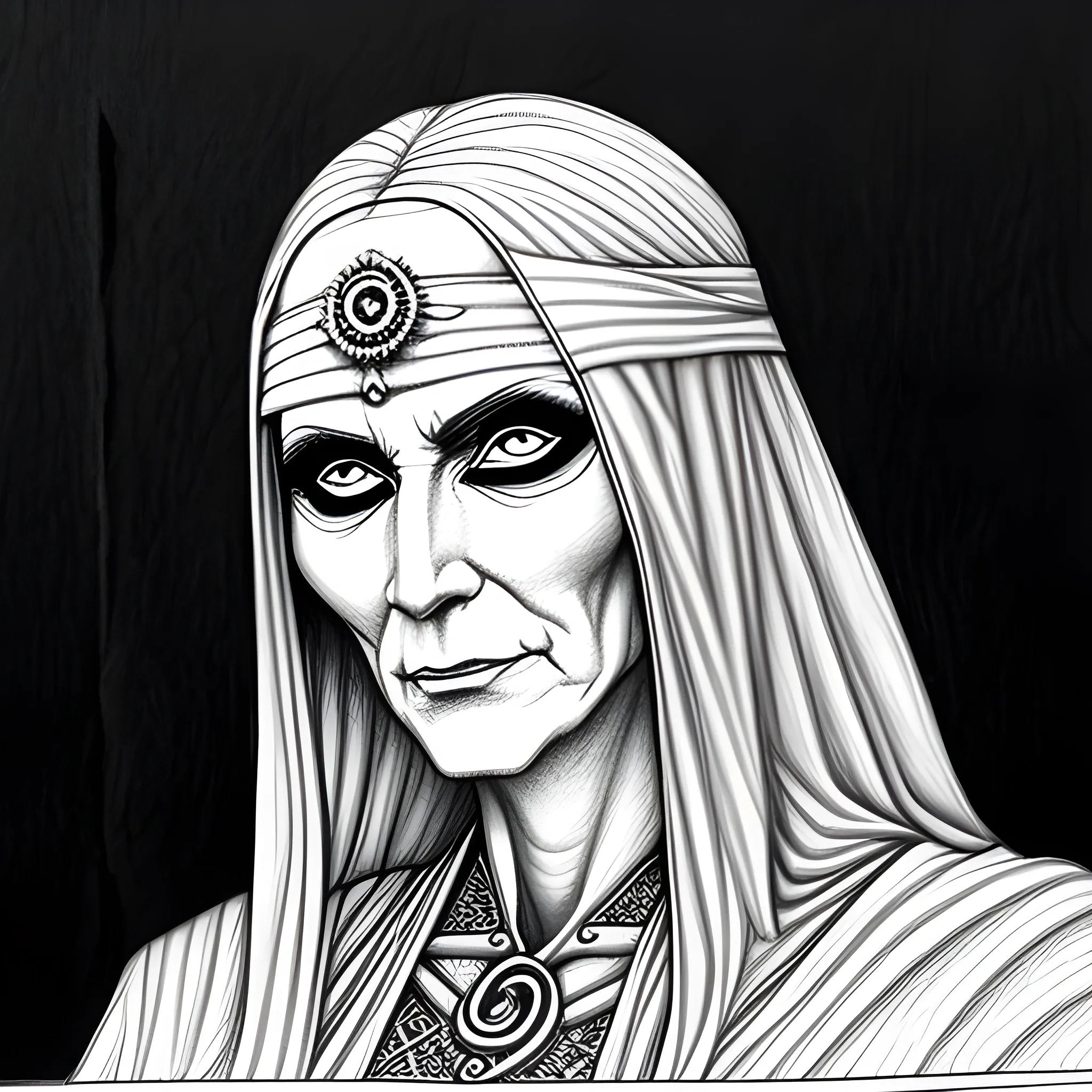blind oracle, wise, no background, detailed, young woman, covered eyes, arcane, mystic, Pencil Sketch
