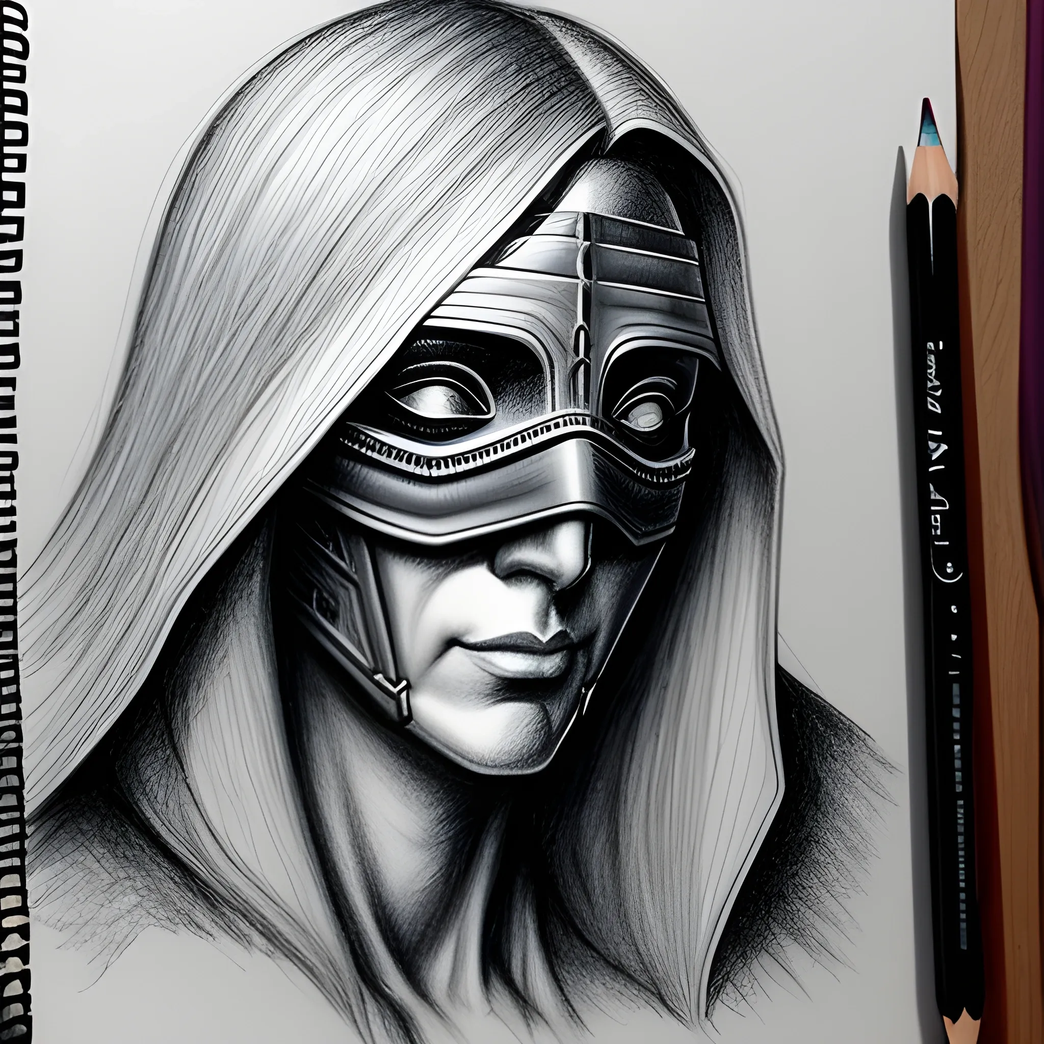 oracle, no background, detailed, young, young blind woman, mask covering eyes, arcane, mysterious, Pencil Sketch