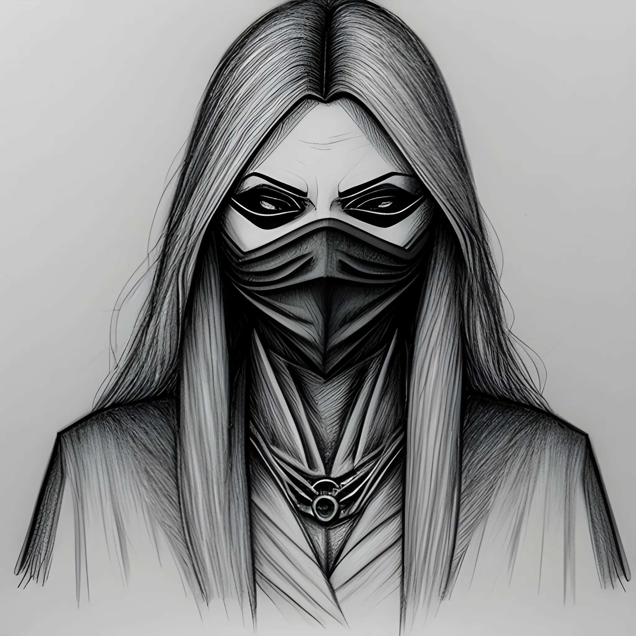 oracle, no background, detailed, young, young blind woman, mask covering eyes, arcane, mysterious, Pencil Sketch