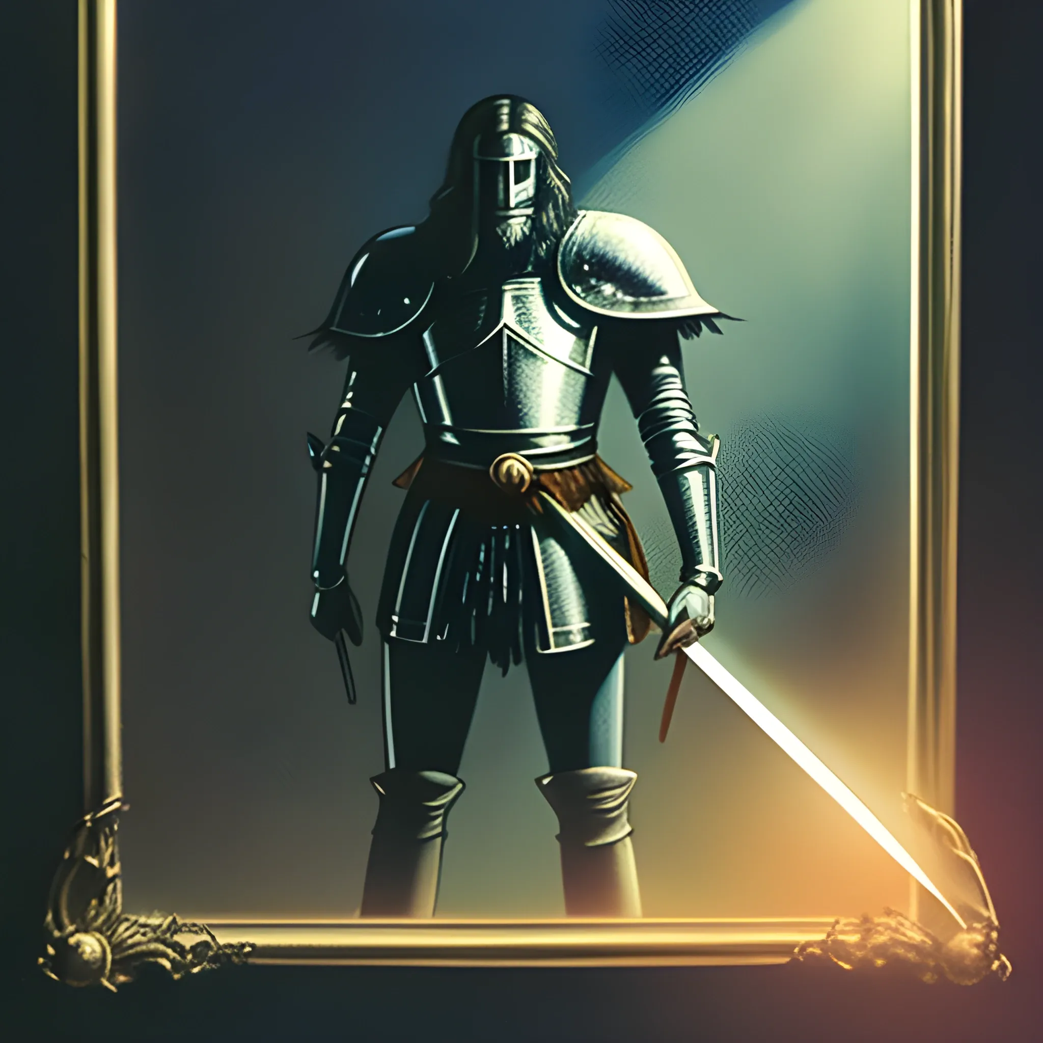 1970s dark fantasy style, knight looking into a mirror holding a shinning sword